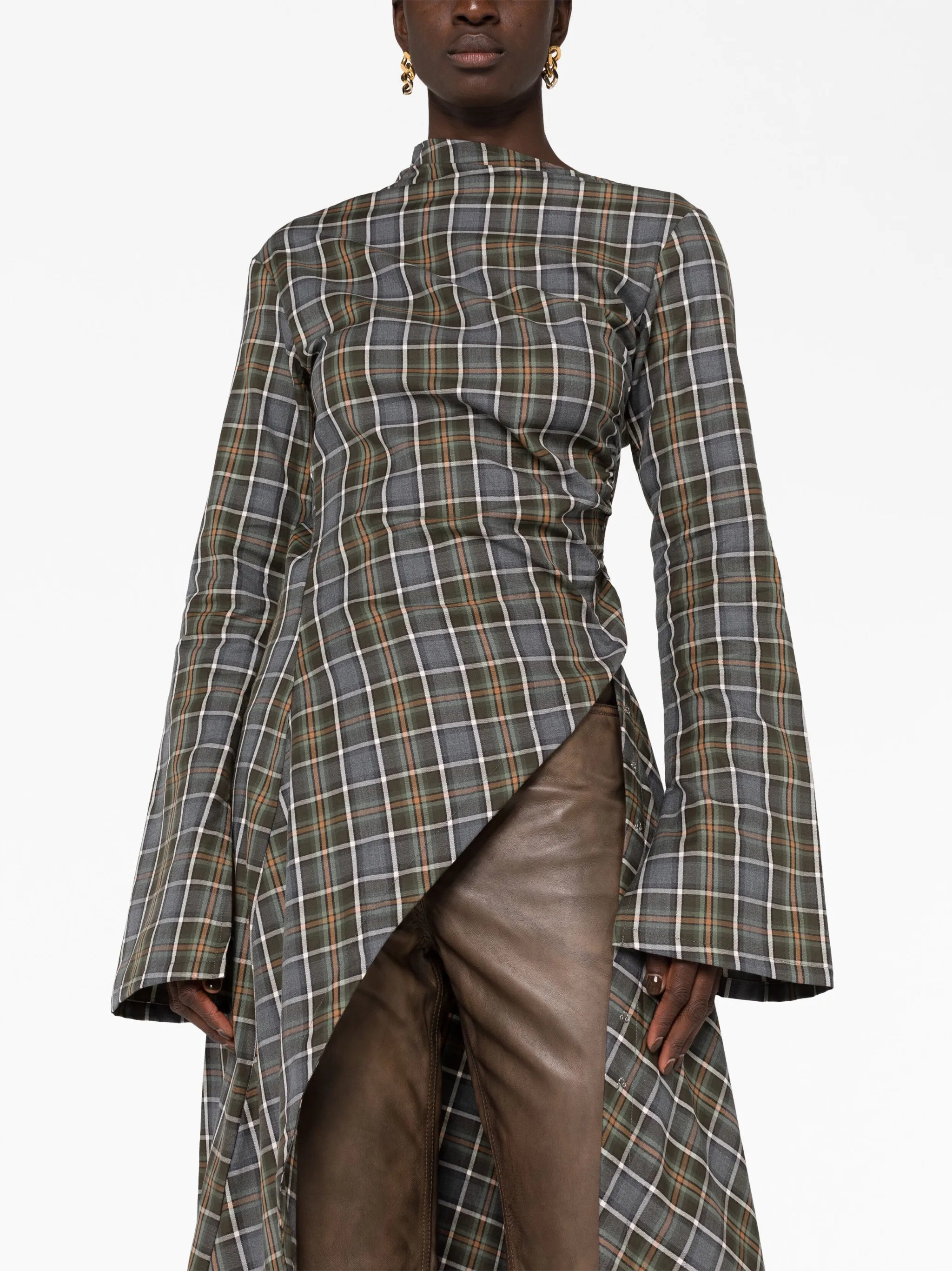 checked asymmetric midi dress
