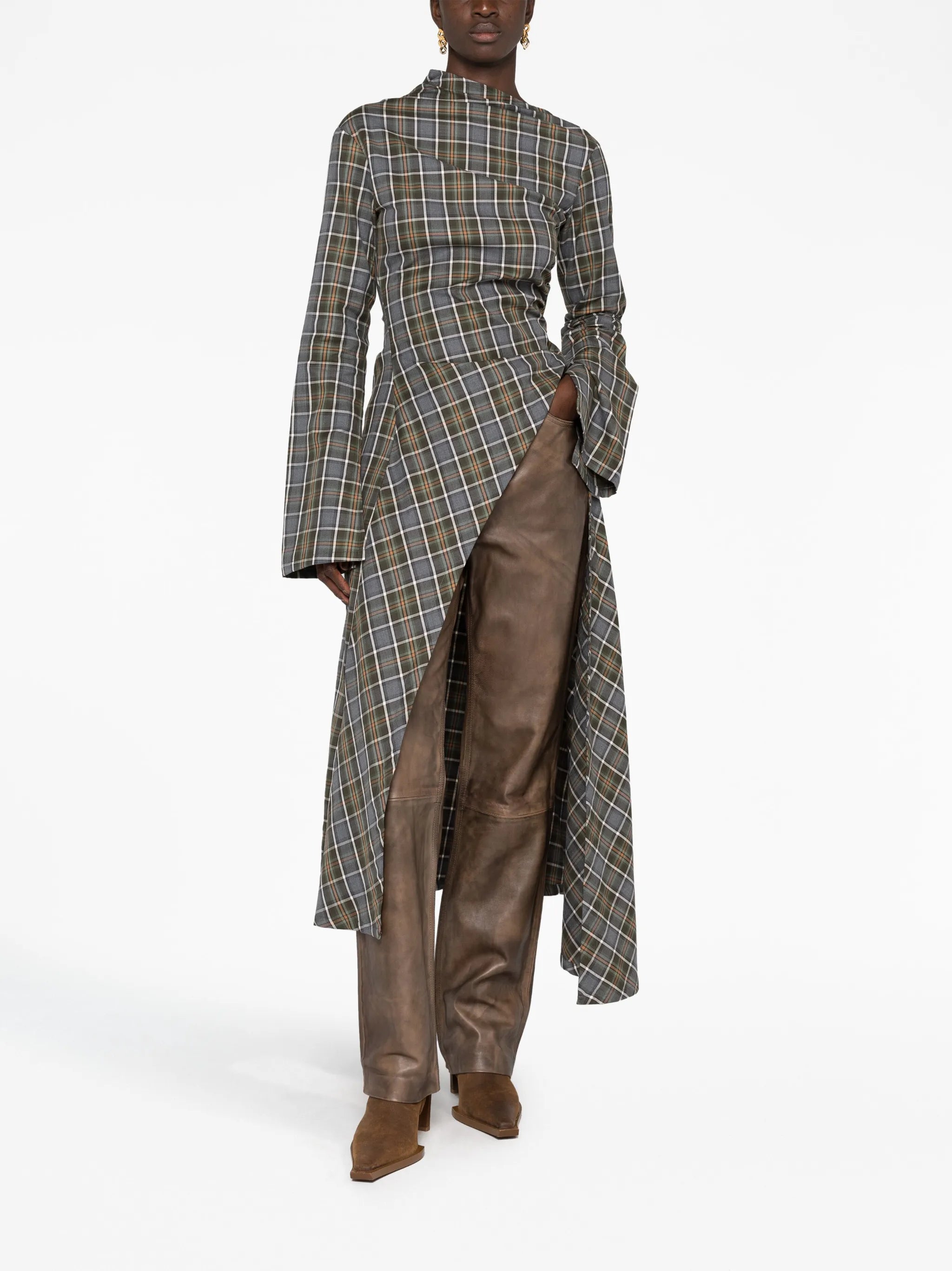 checked asymmetric midi dress
