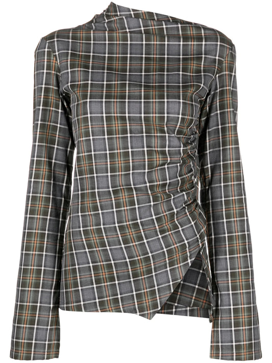 asymmetric cut-out checked shirt