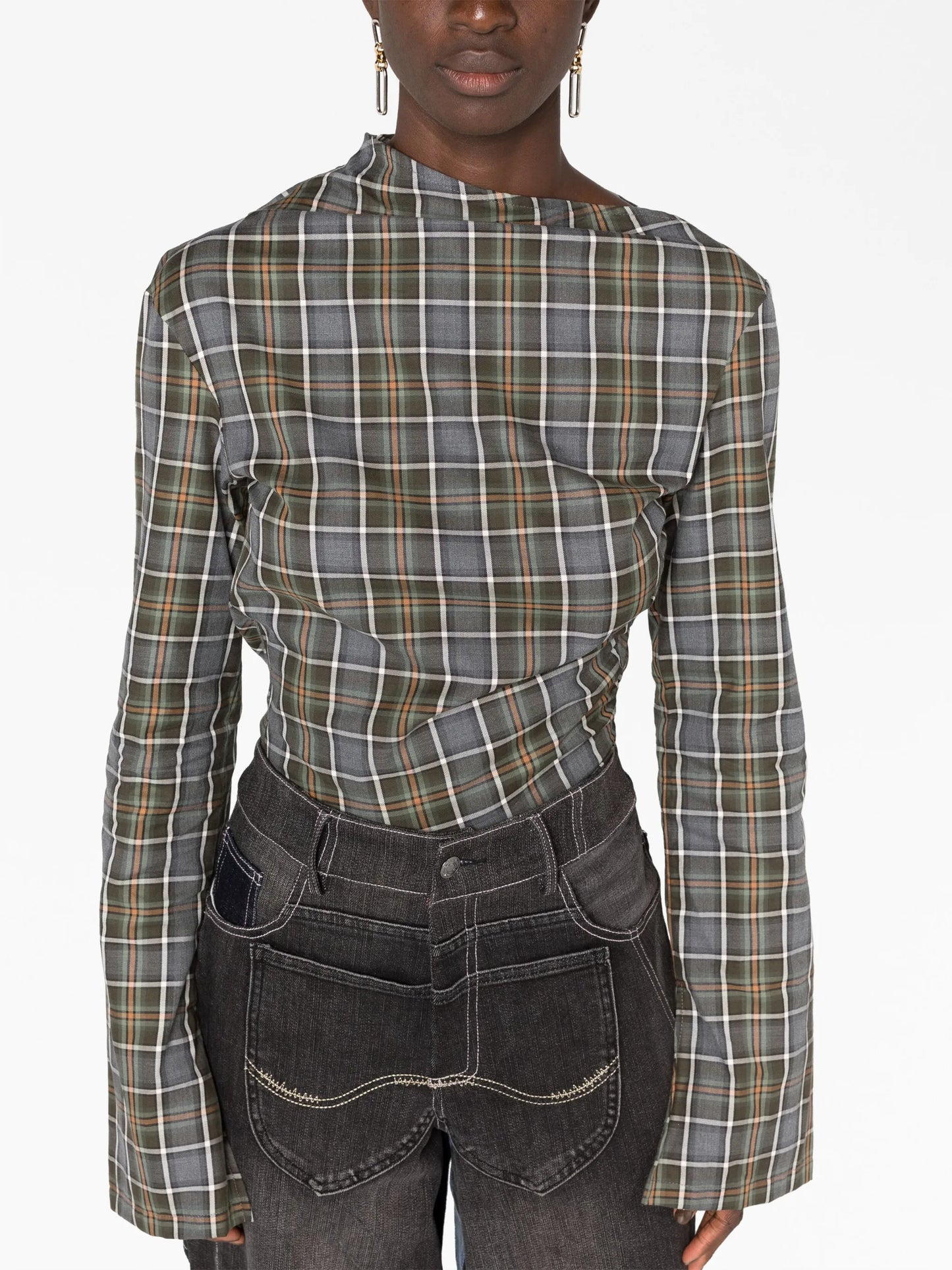 asymmetric cut-out checked shirt