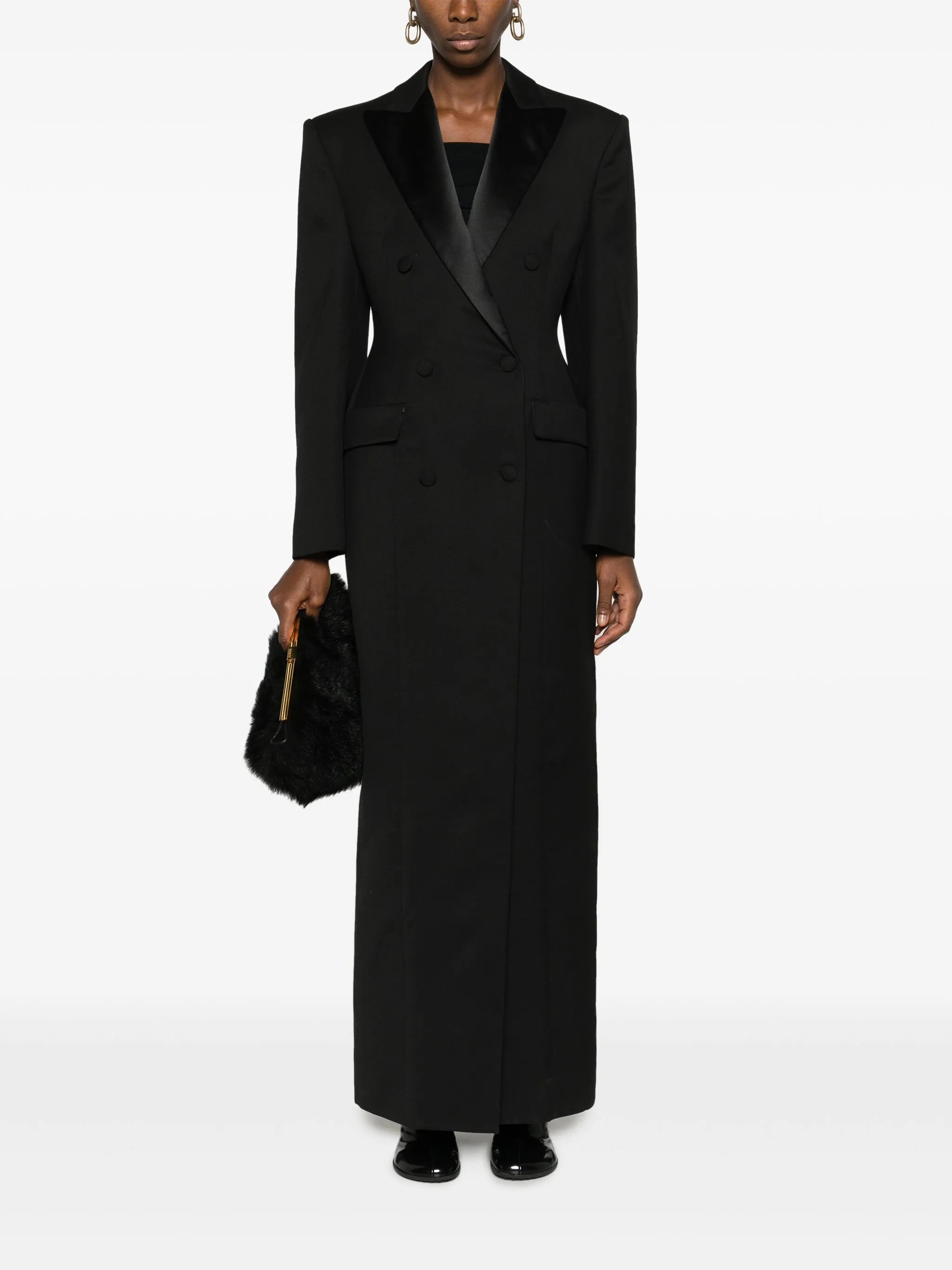 satin-lapels double-breasted maxi blazer