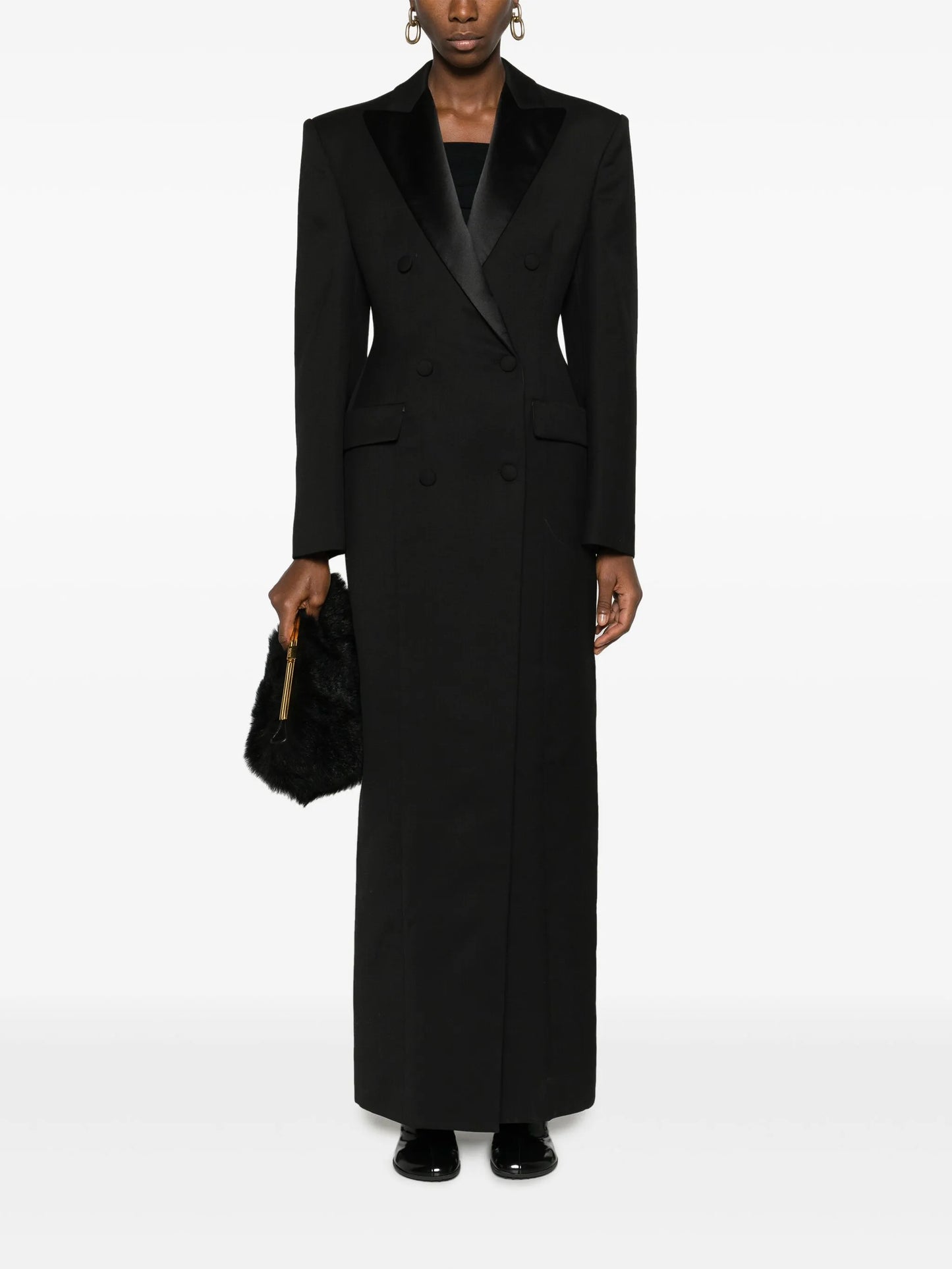 satin-lapels double-breasted maxi blazer
