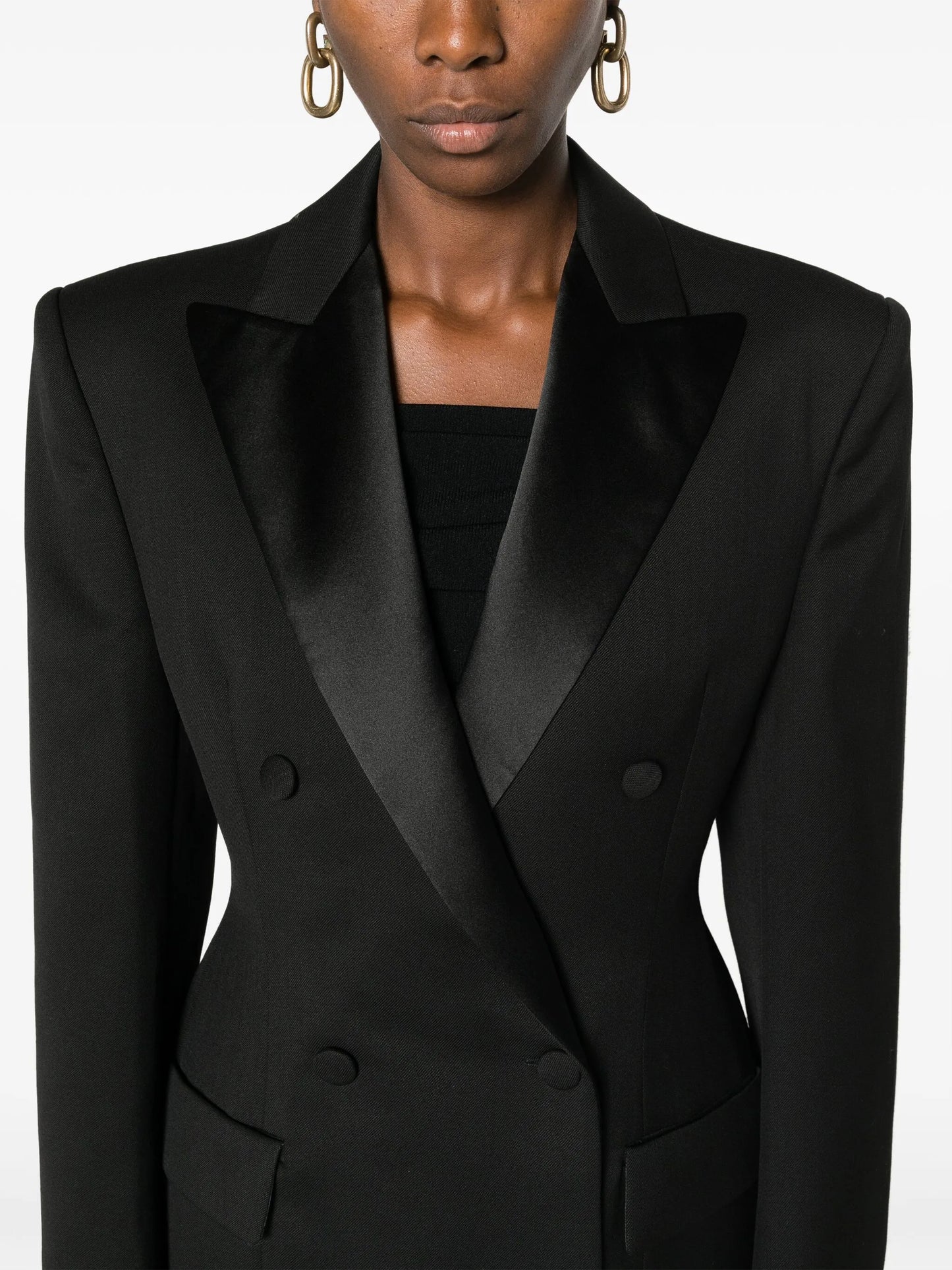 satin-lapels double-breasted maxi blazer