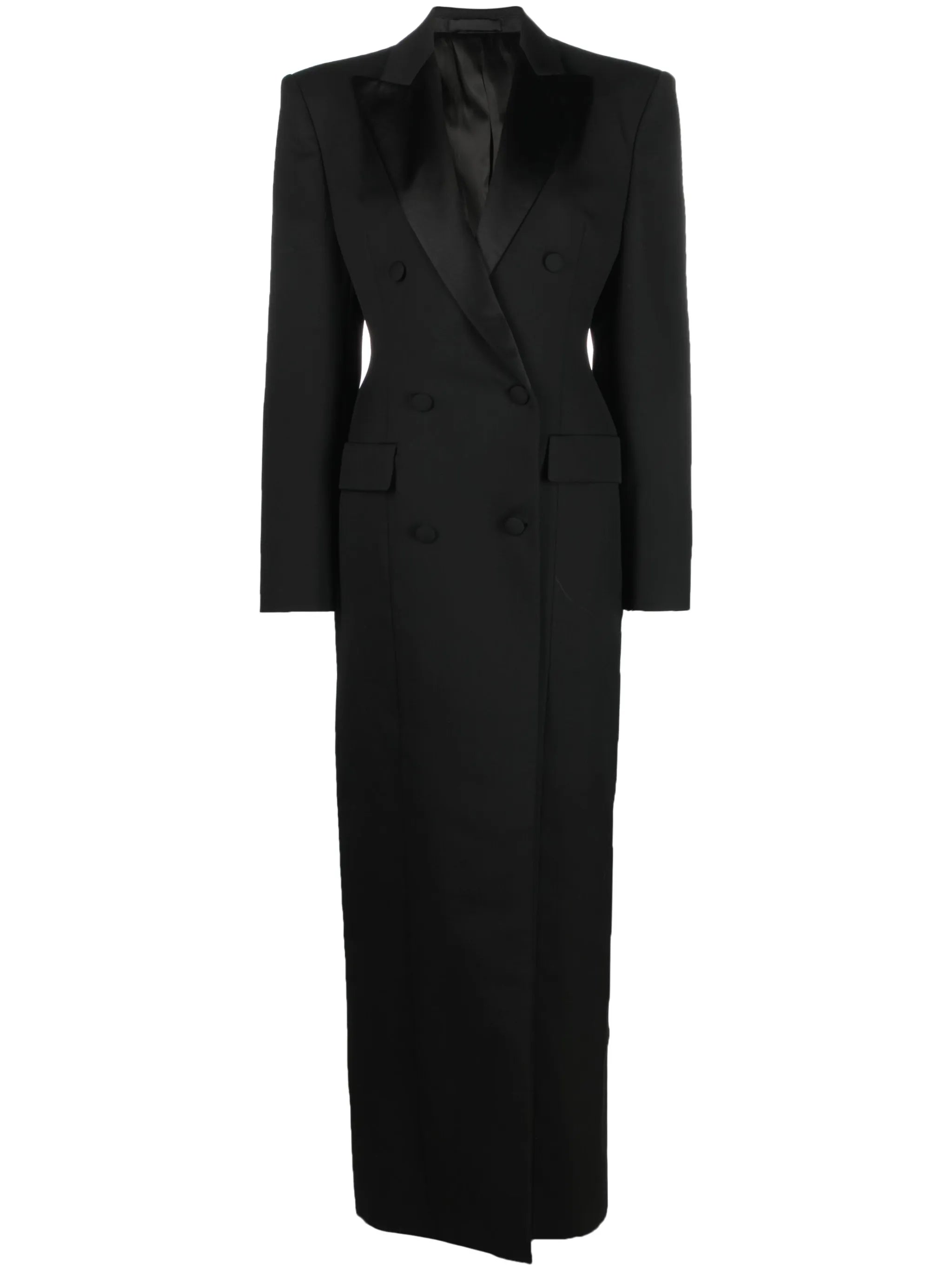 satin-lapels double-breasted maxi blazer