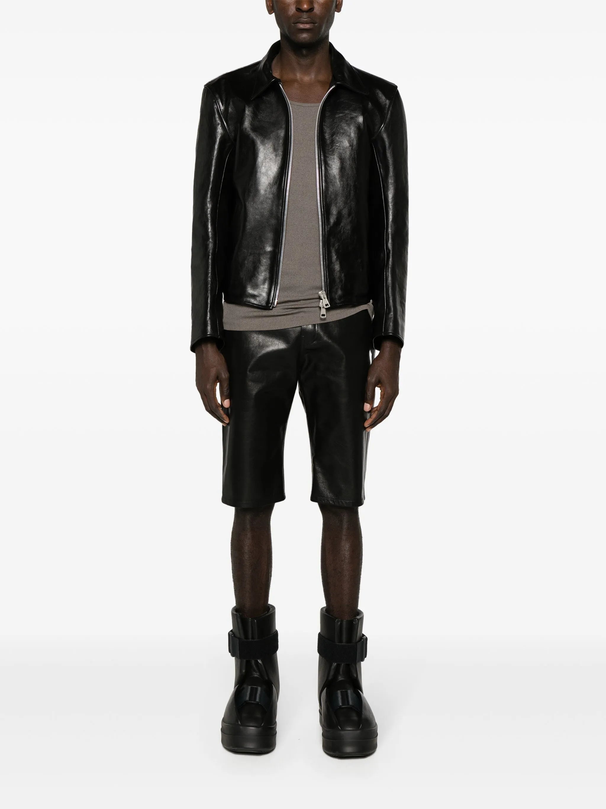 knee-length leather shorts