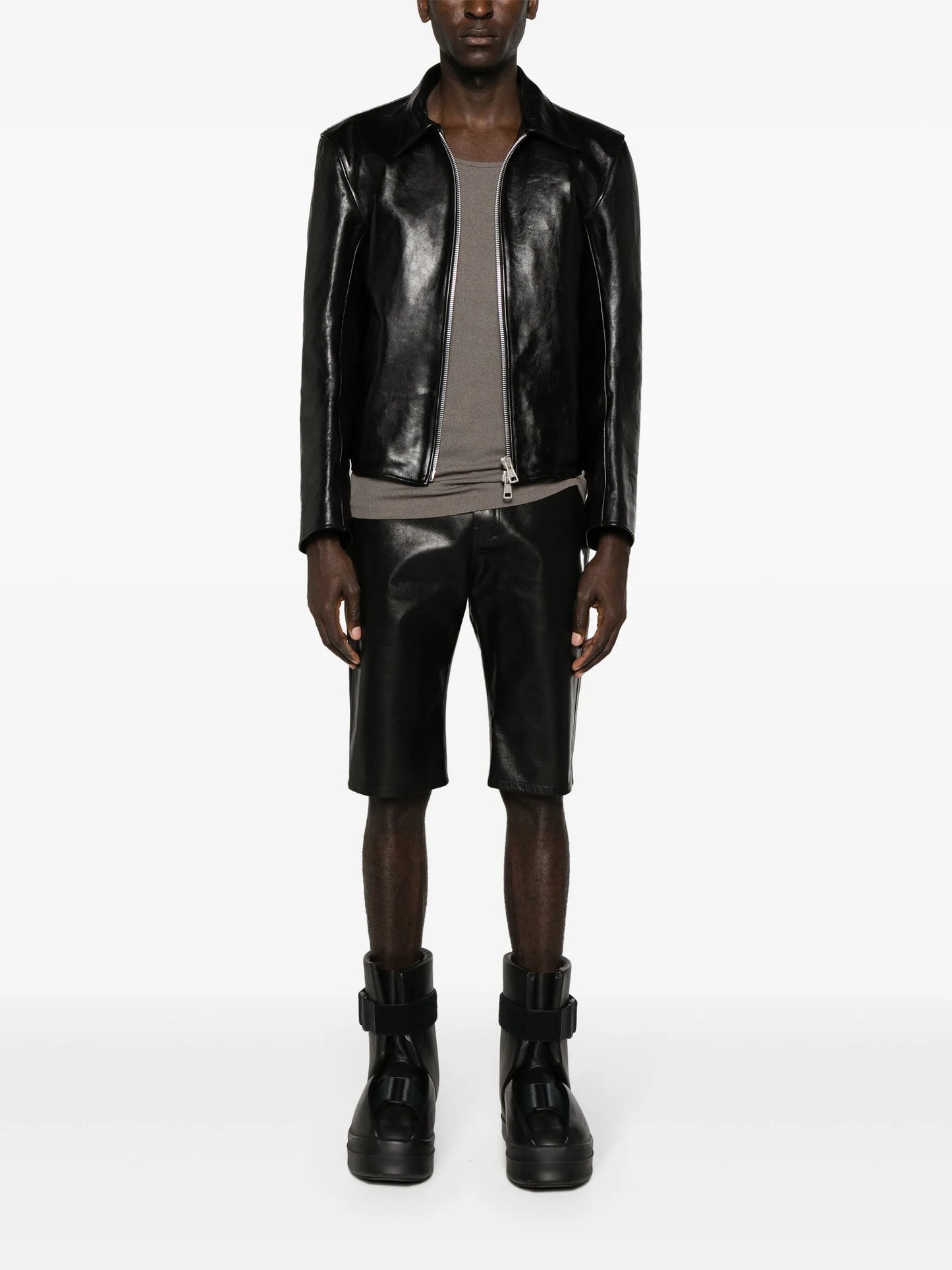 knee-length leather shorts