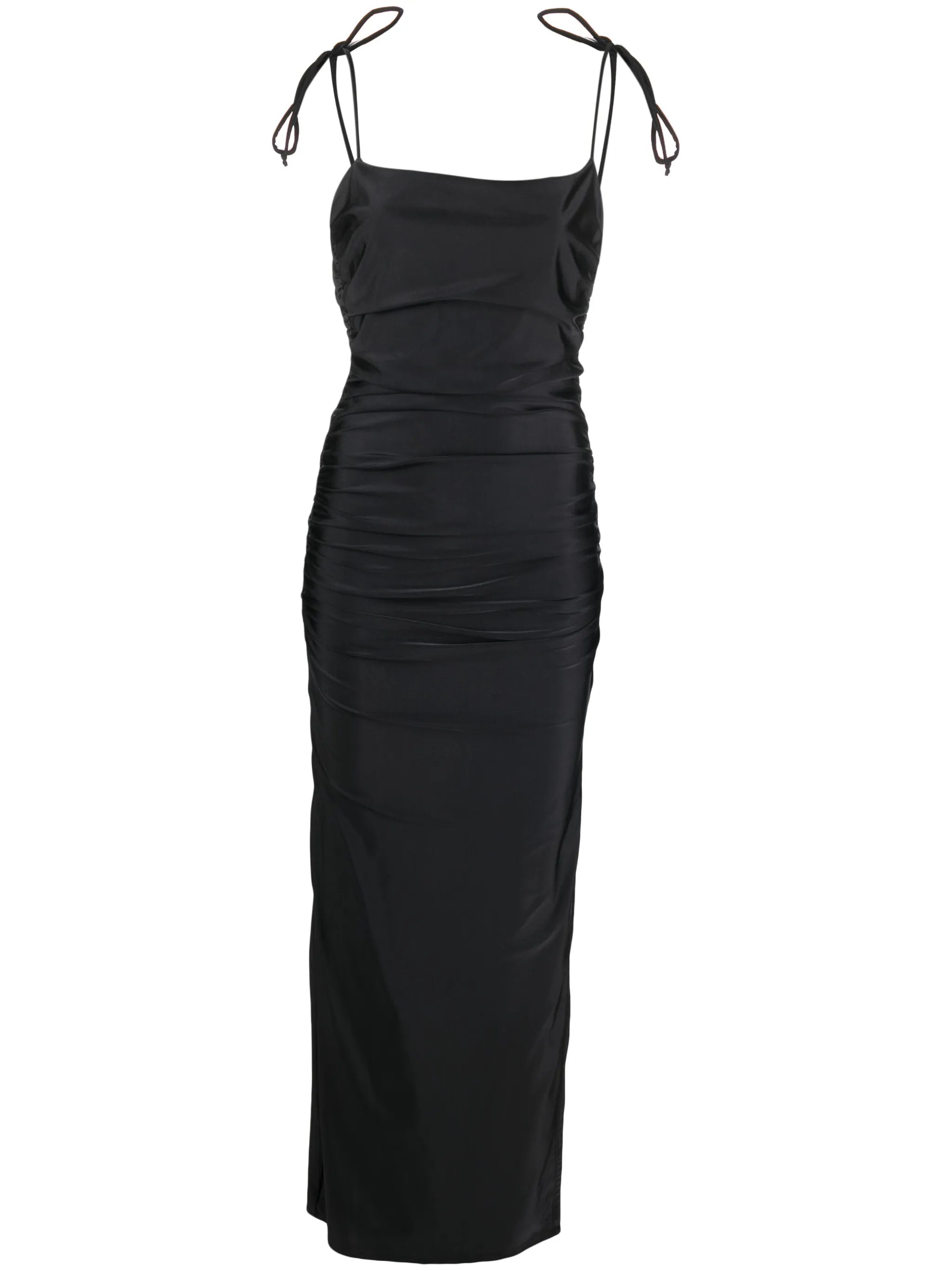 ruched satin maxi slip dress