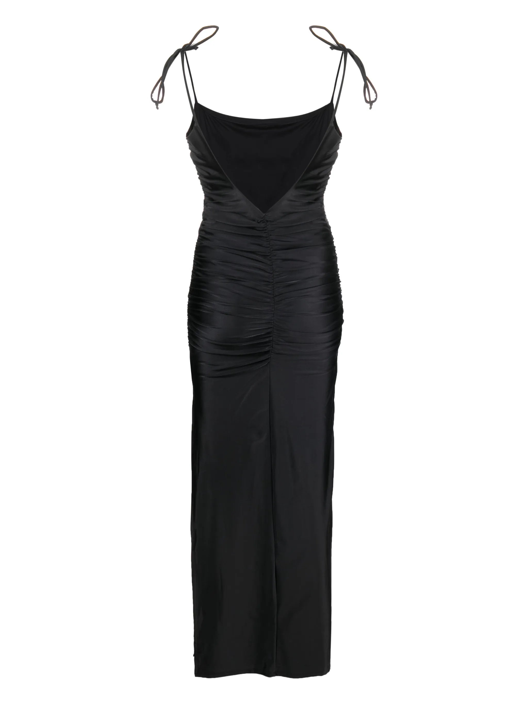 ruched satin maxi slip dress