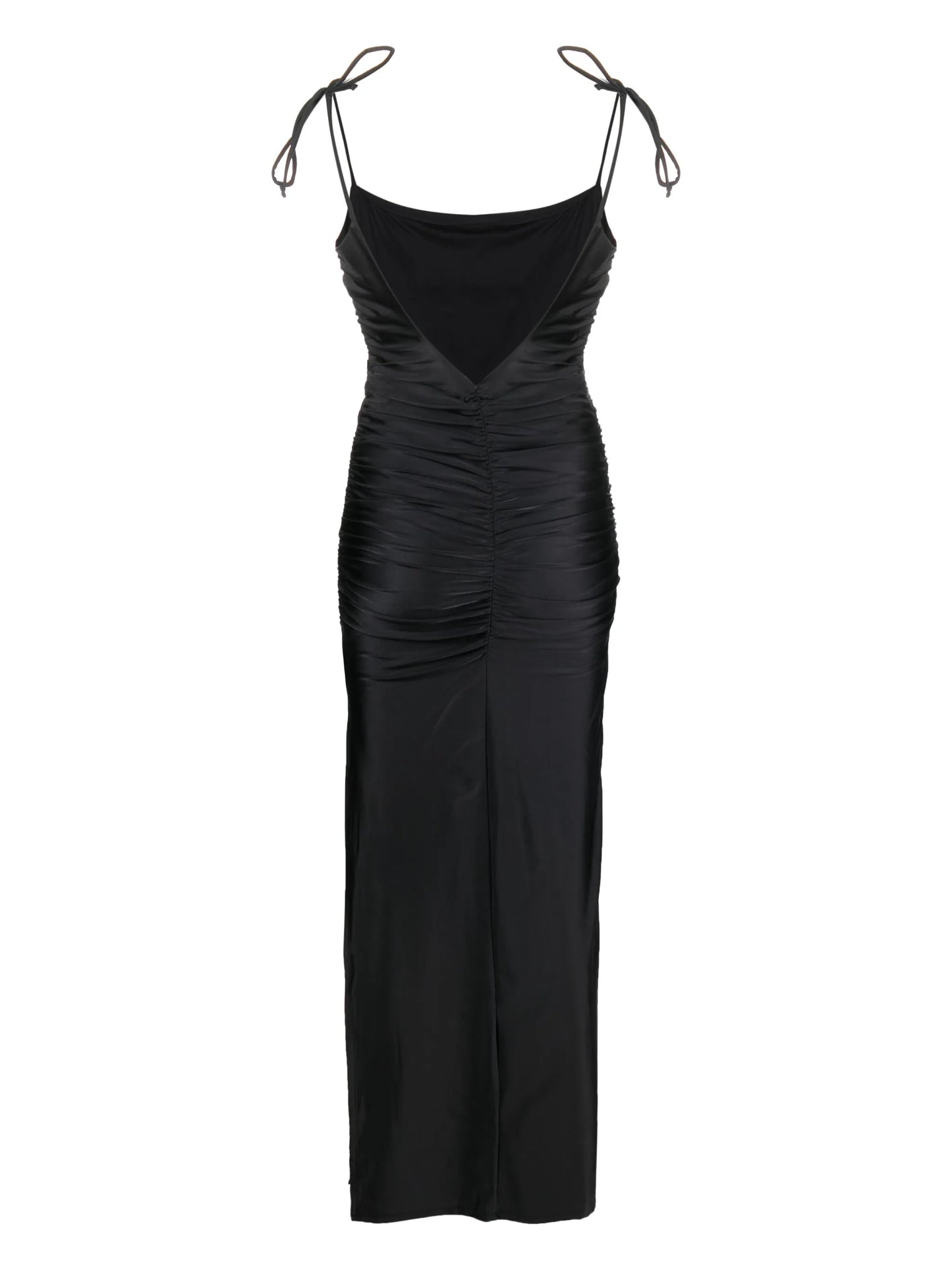 ruched satin maxi slip dress