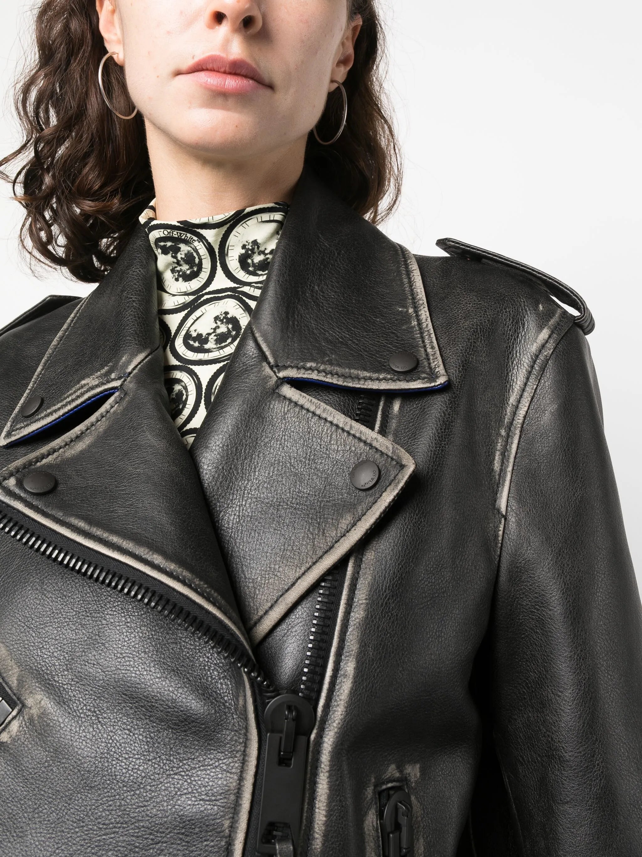 faded-effect leather biker jacket