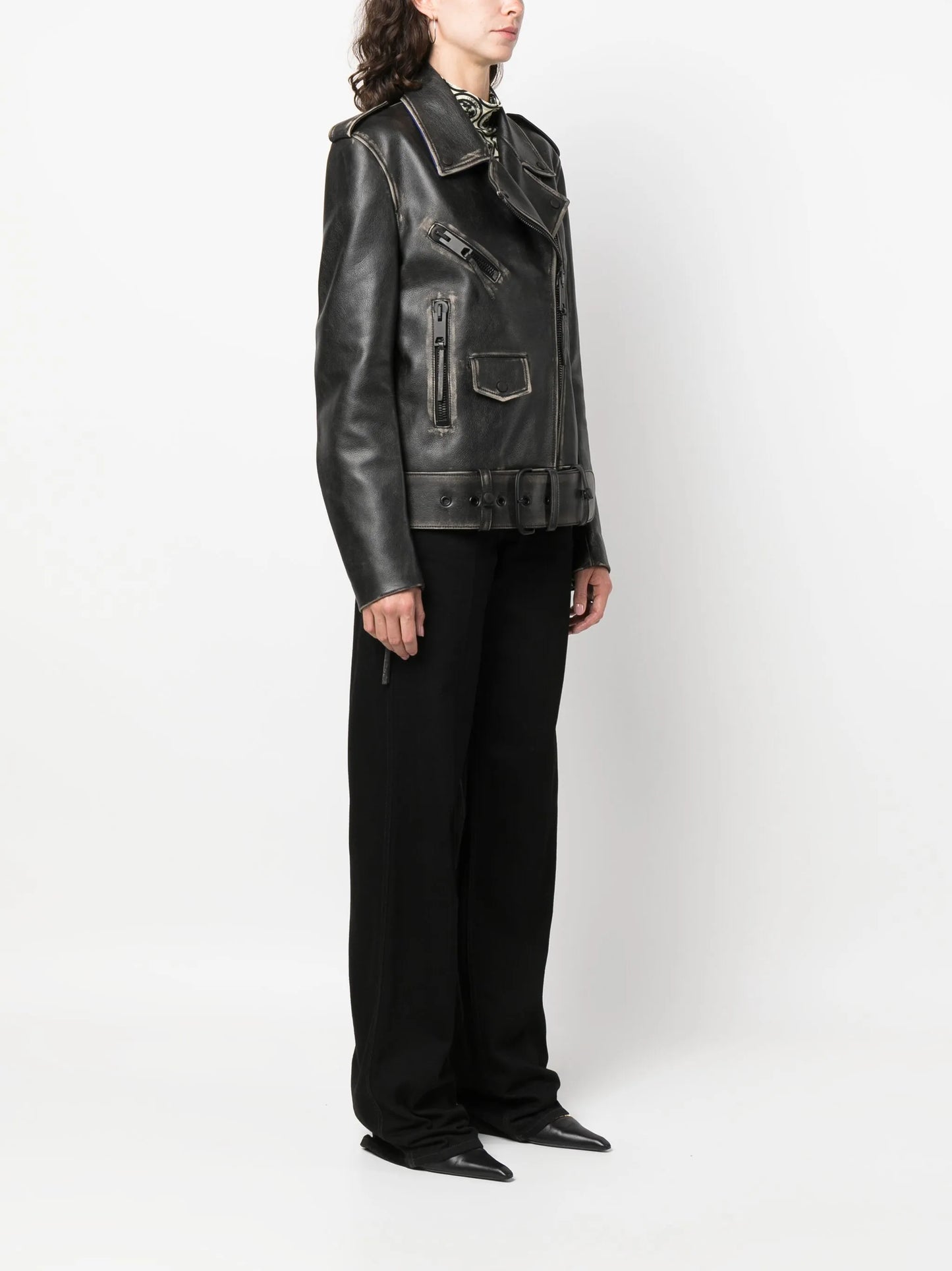 faded-effect leather biker jacket