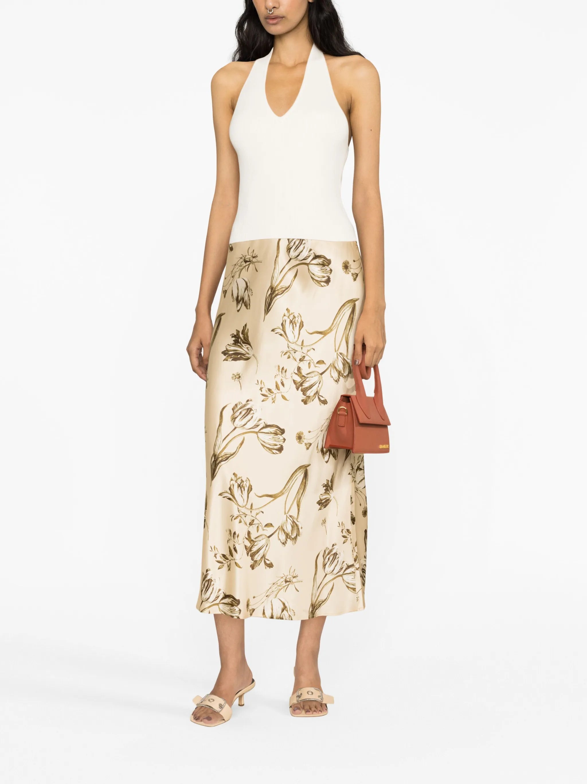 floral-print silk midi skirt