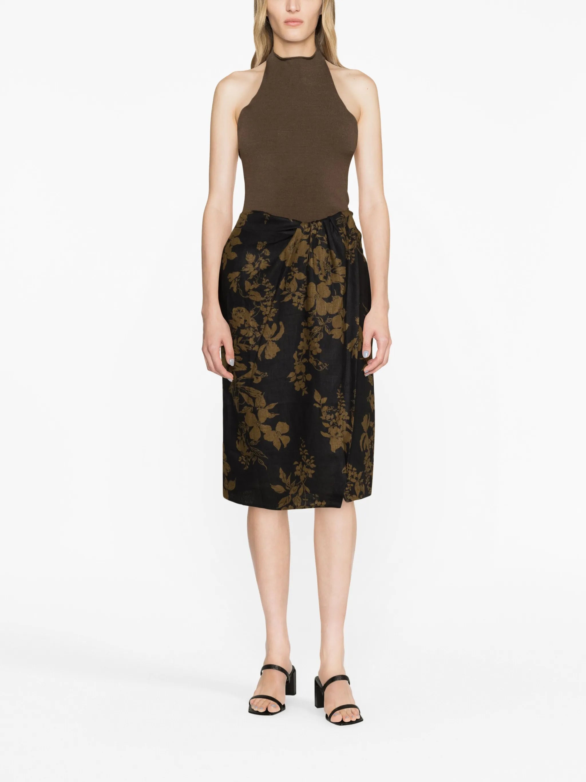 Hazel floral-print linen midi skirt