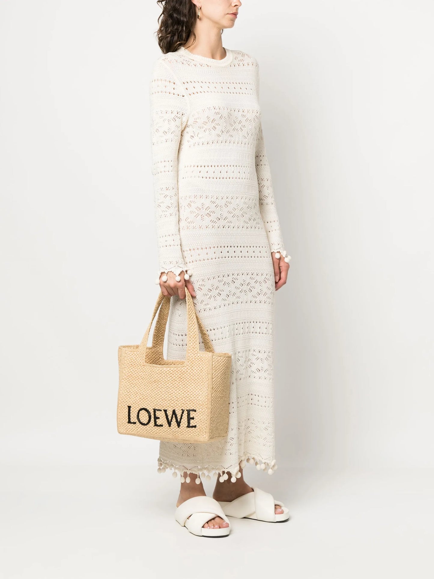 embroidered-logo raffia tote bag
