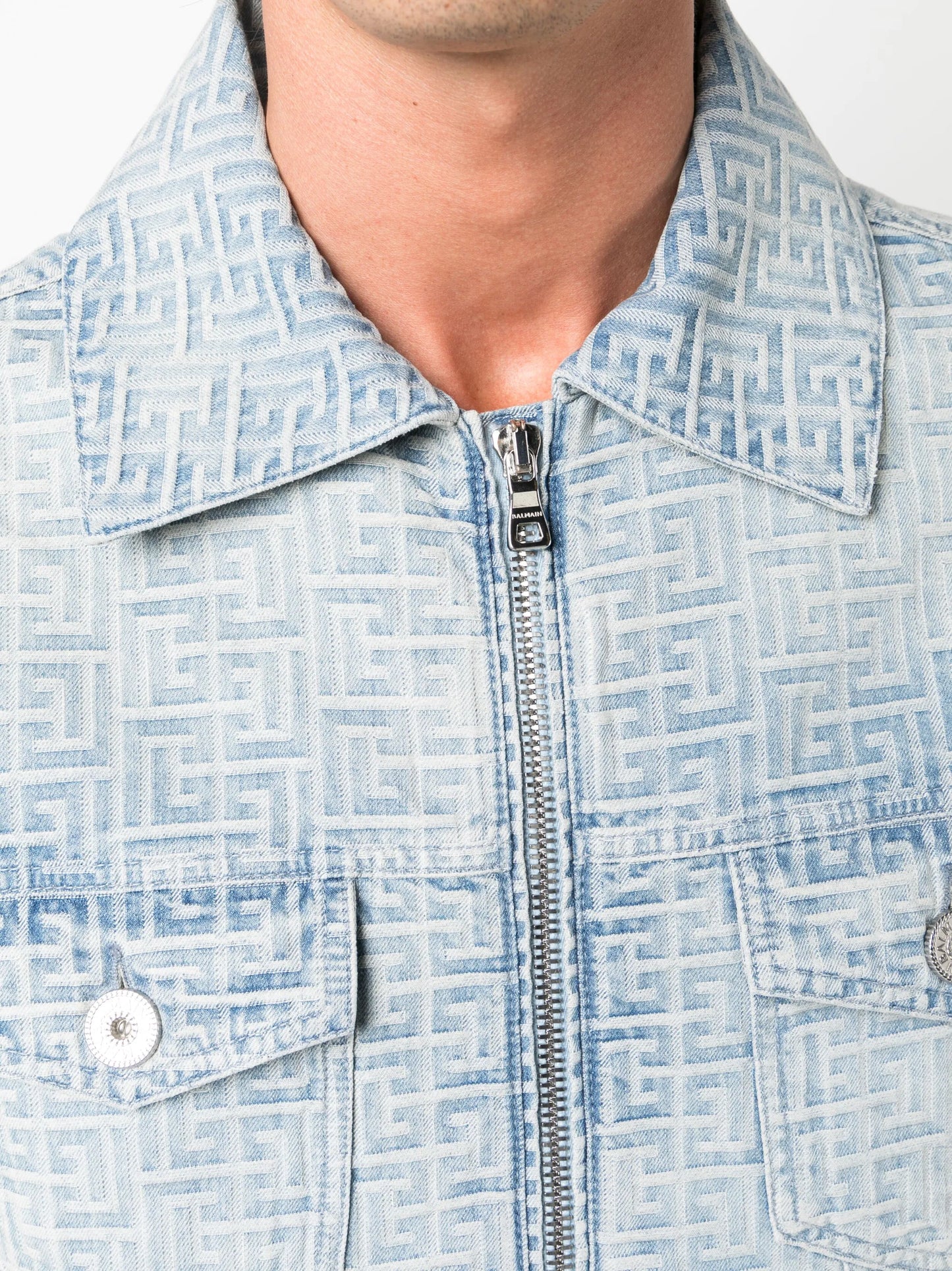 jacquard-monogram zip-up denim jacket