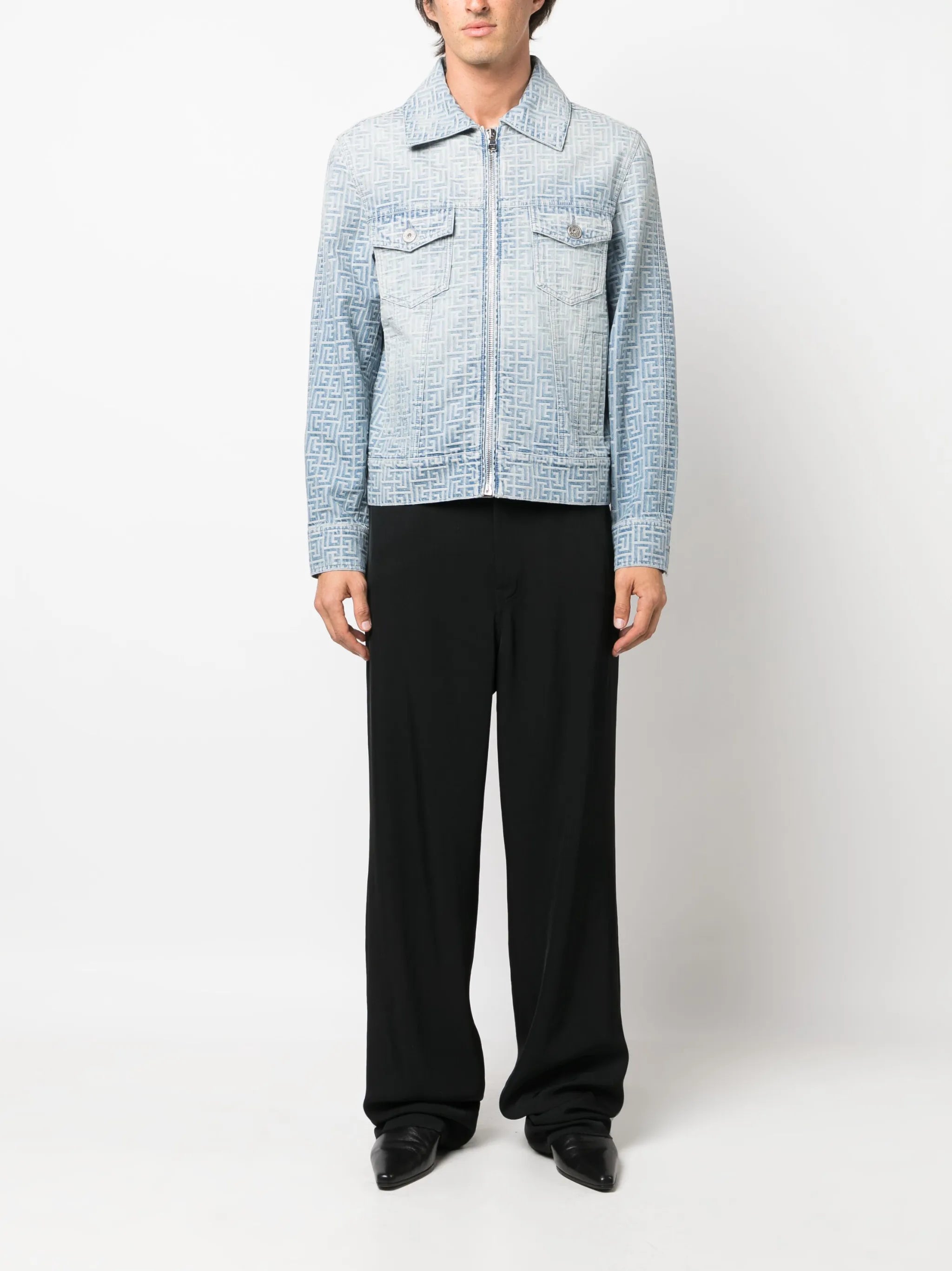 jacquard-monogram zip-up denim jacket
