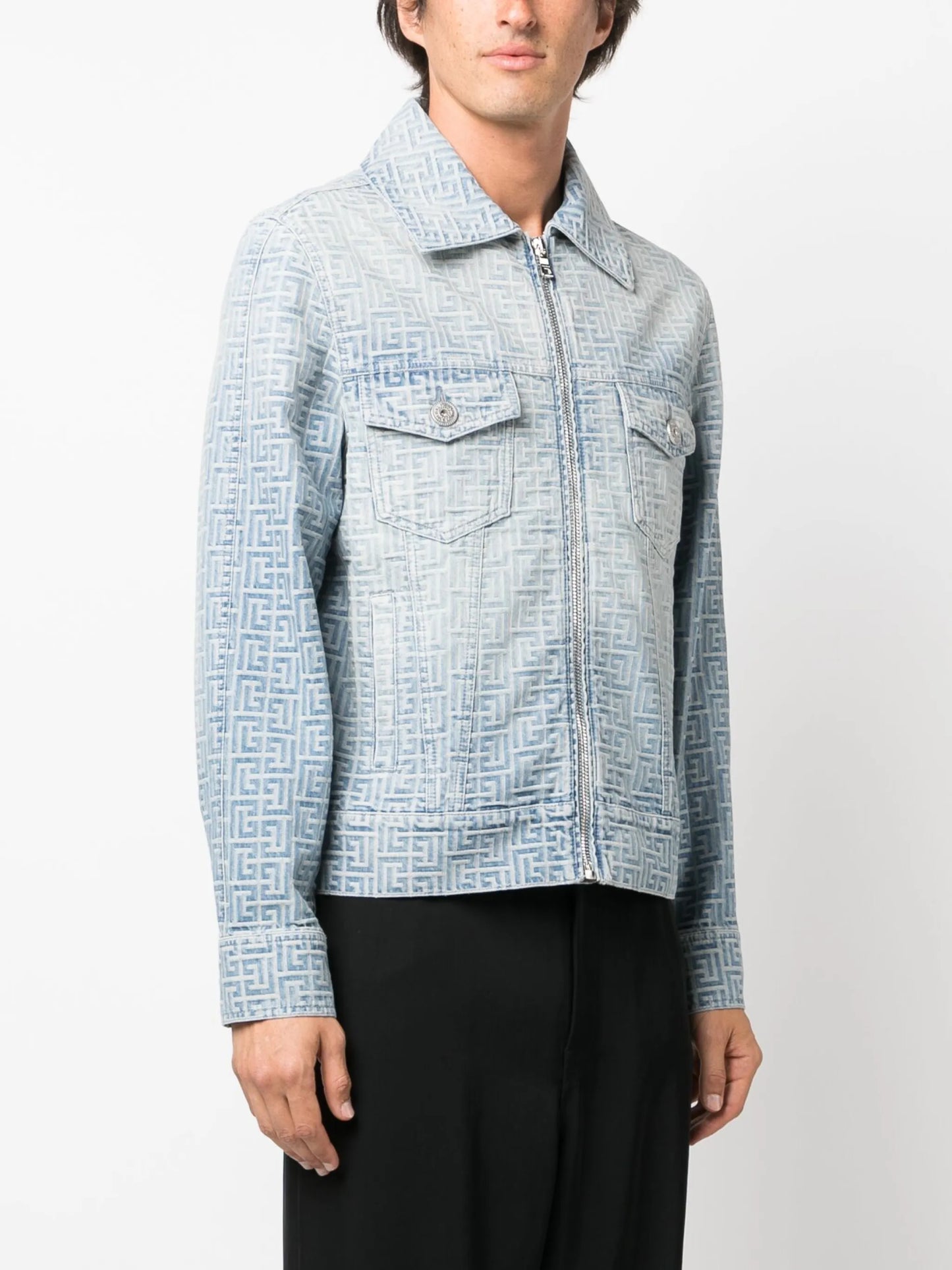 jacquard-monogram zip-up denim jacket