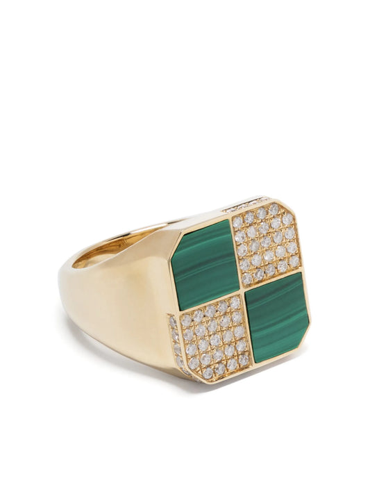 9kt yellow gold Petit Damier diamond and malachite signet ring