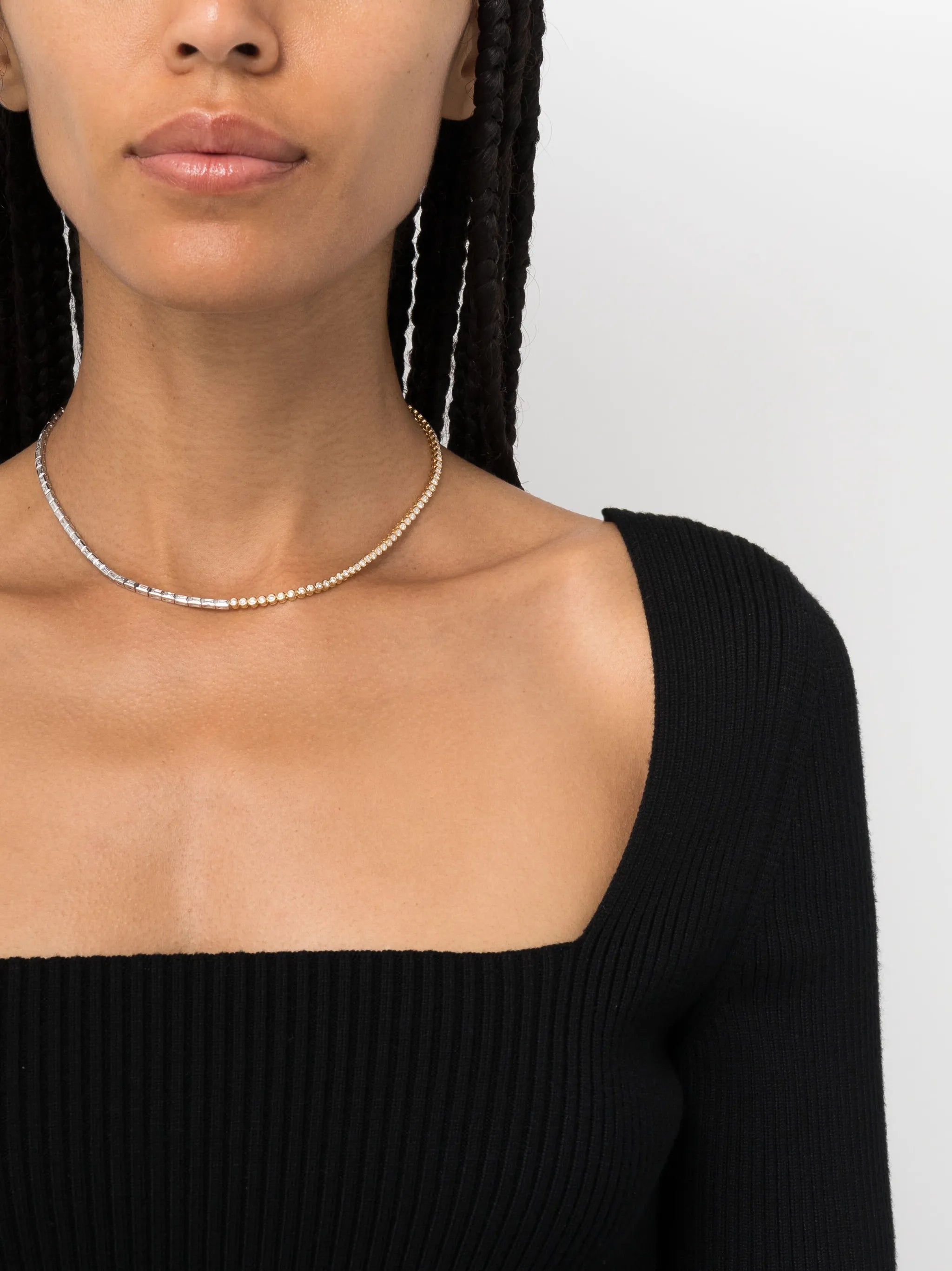 collier rivière baguettes clos & diamants 2 ors