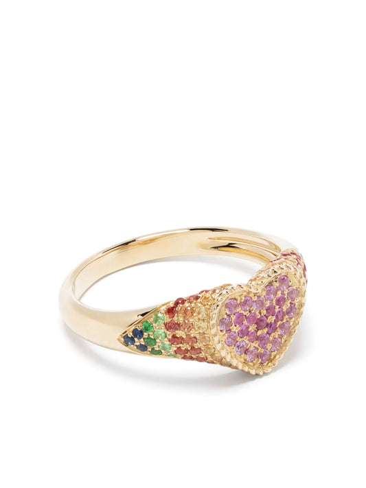 9kt yellow gold Baby Chevaliere Coeur sapphire and tsavorite ring
