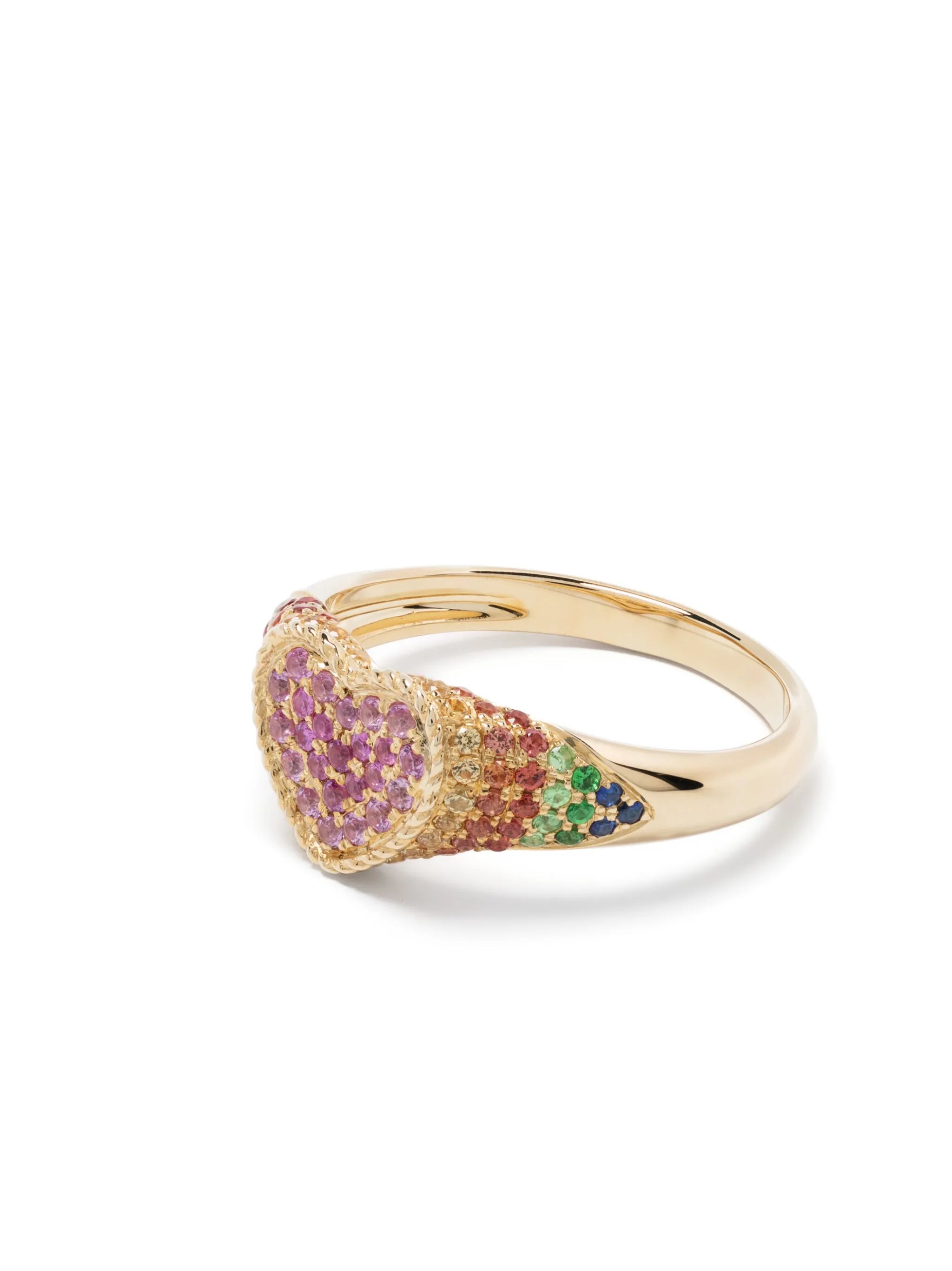 9kt yellow gold Baby Chevaliere Coeur sapphire and tsavorite ring