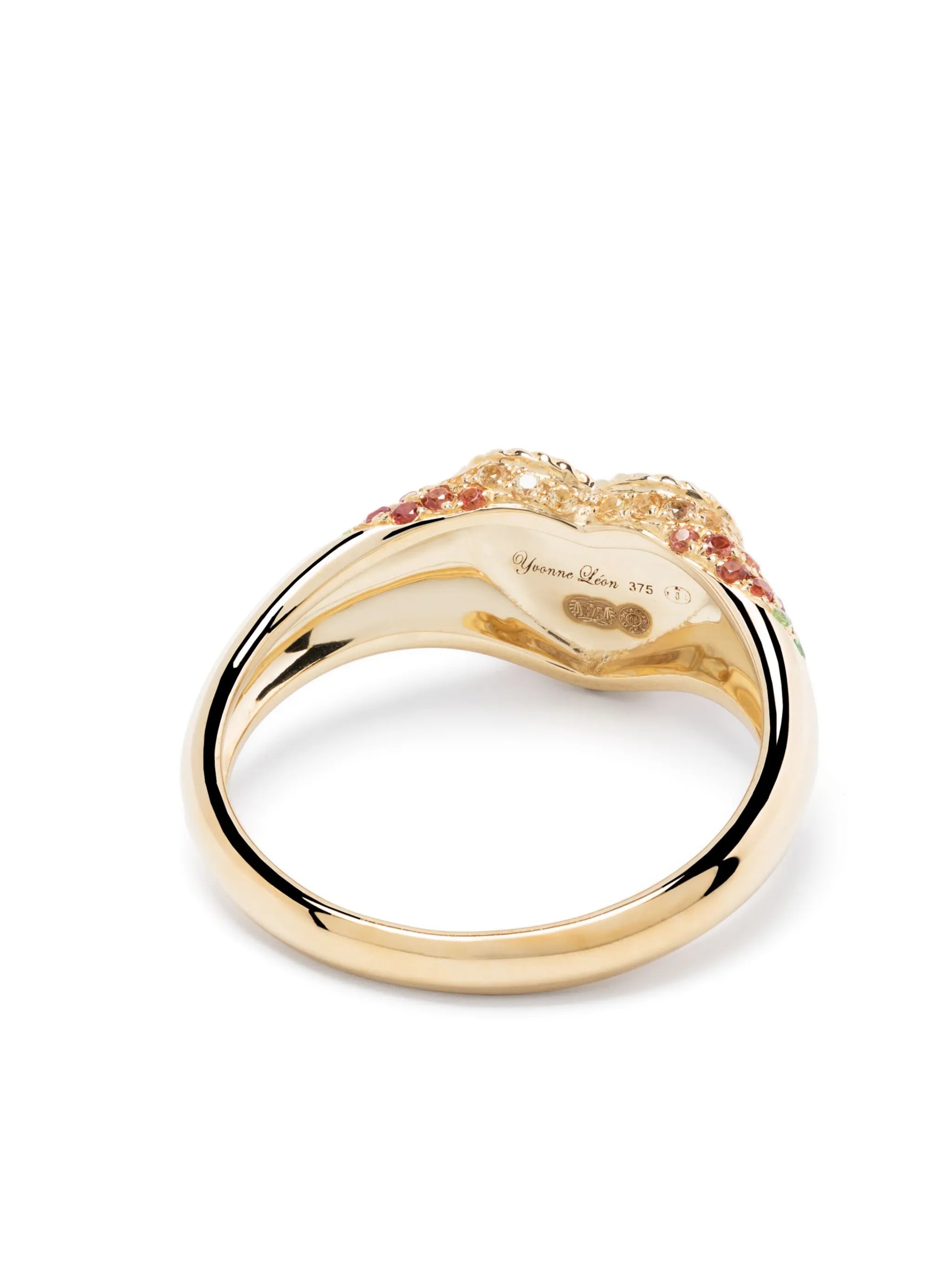 9kt yellow gold Baby Chevaliere Coeur sapphire and tsavorite ring