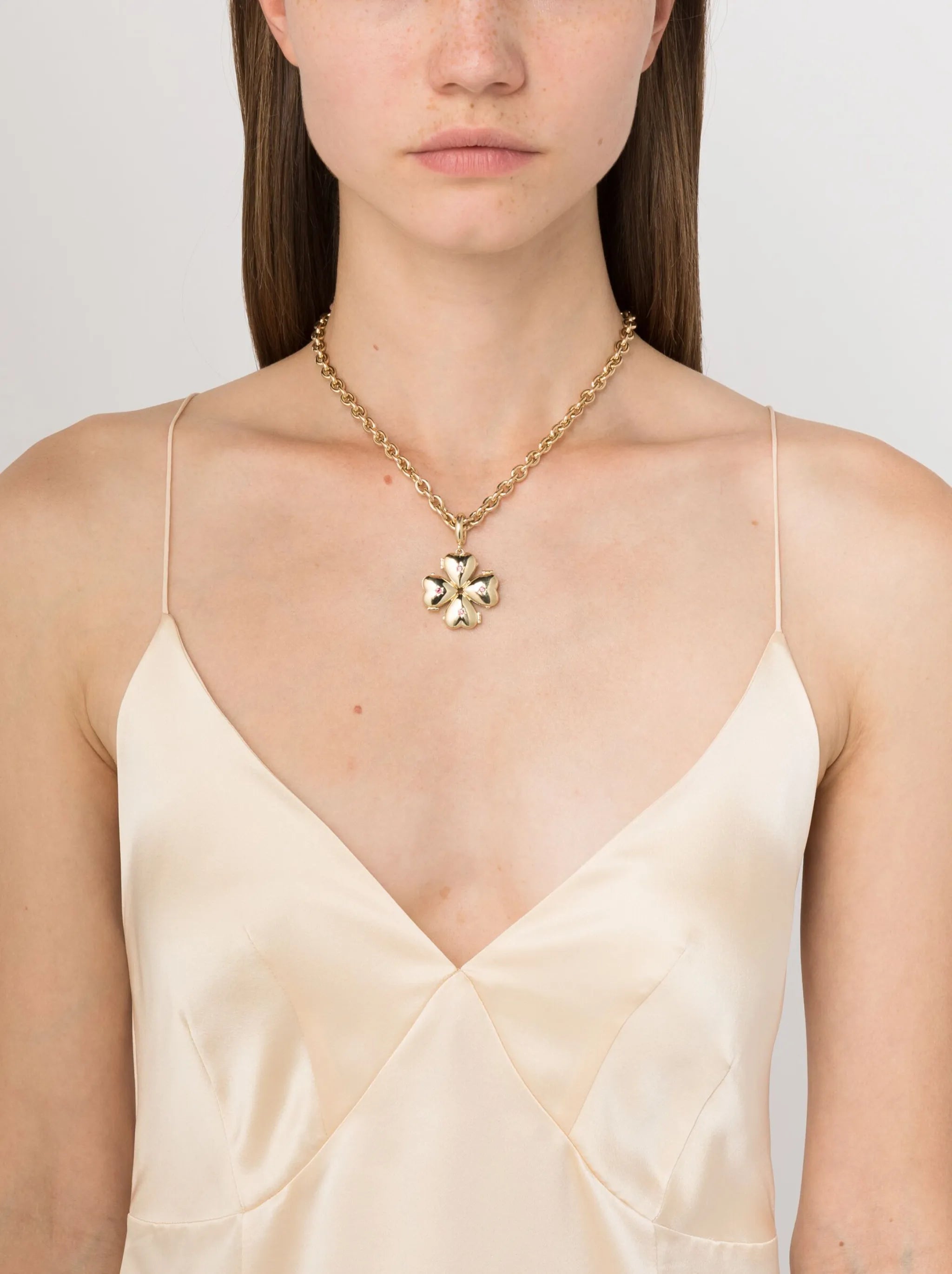 14kt yellow gold Clover ruby necklace