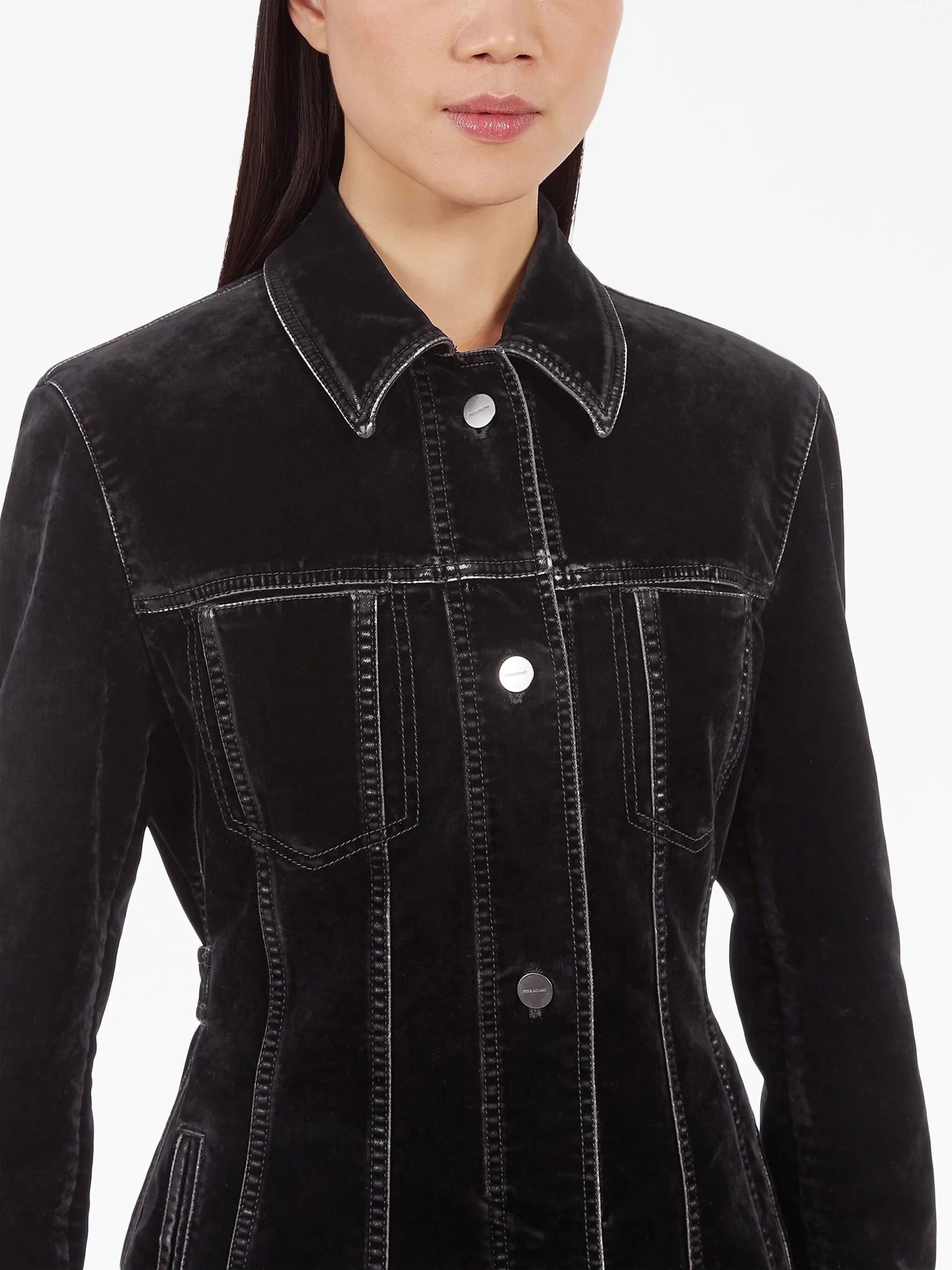 contrast-stitching velvet buttoned jacket