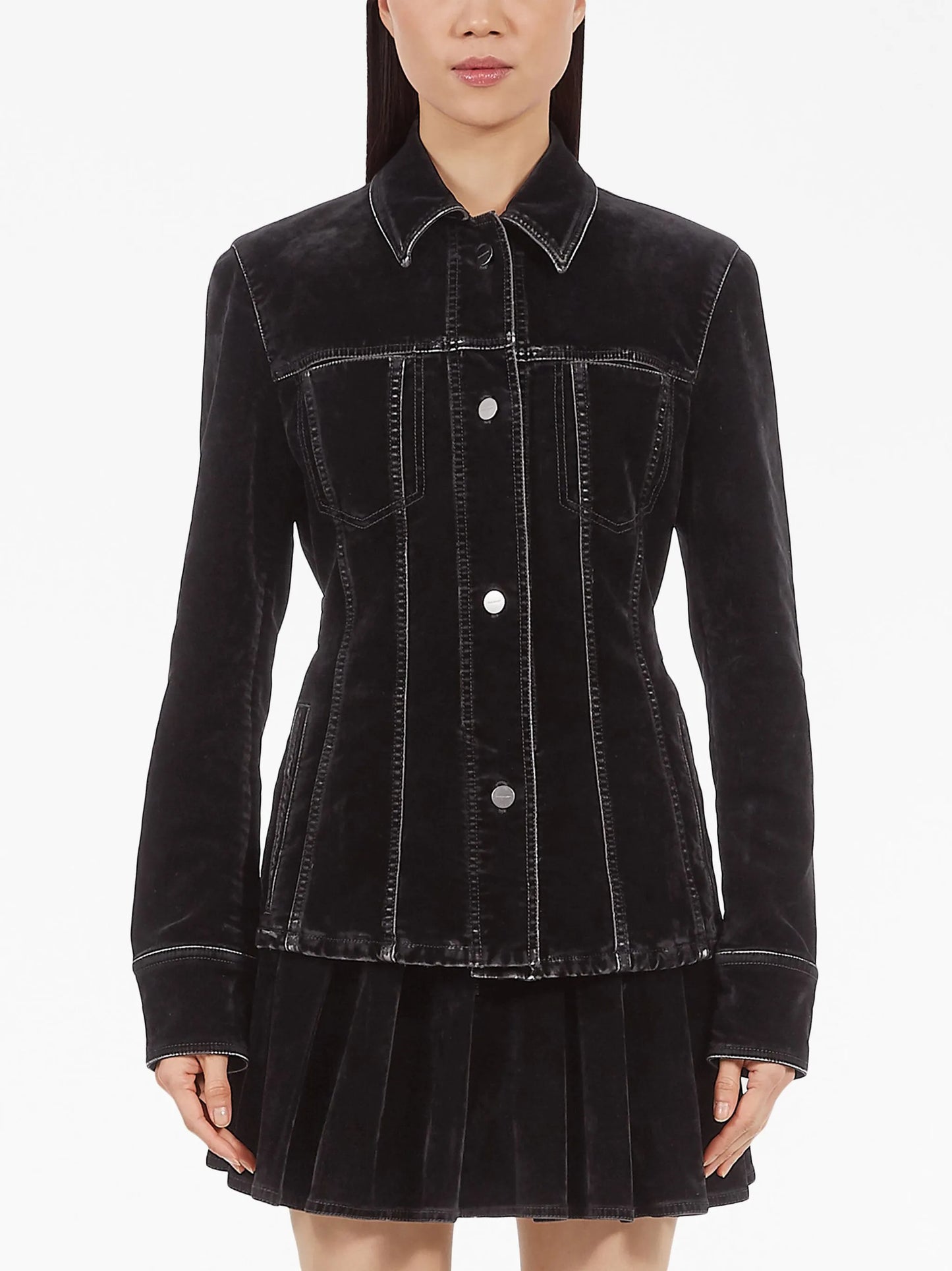 contrast-stitching velvet buttoned jacket