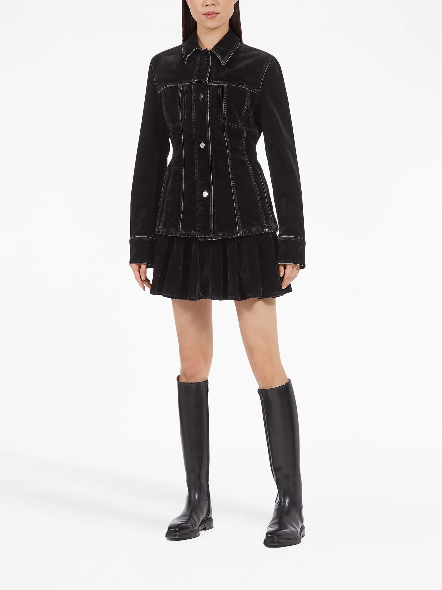contrast-stitching velvet buttoned jacket