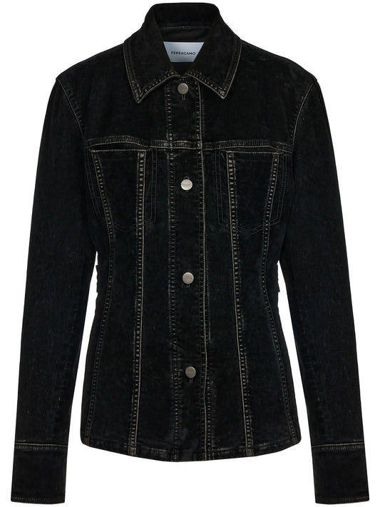 contrast-stitching velvet buttoned jacket