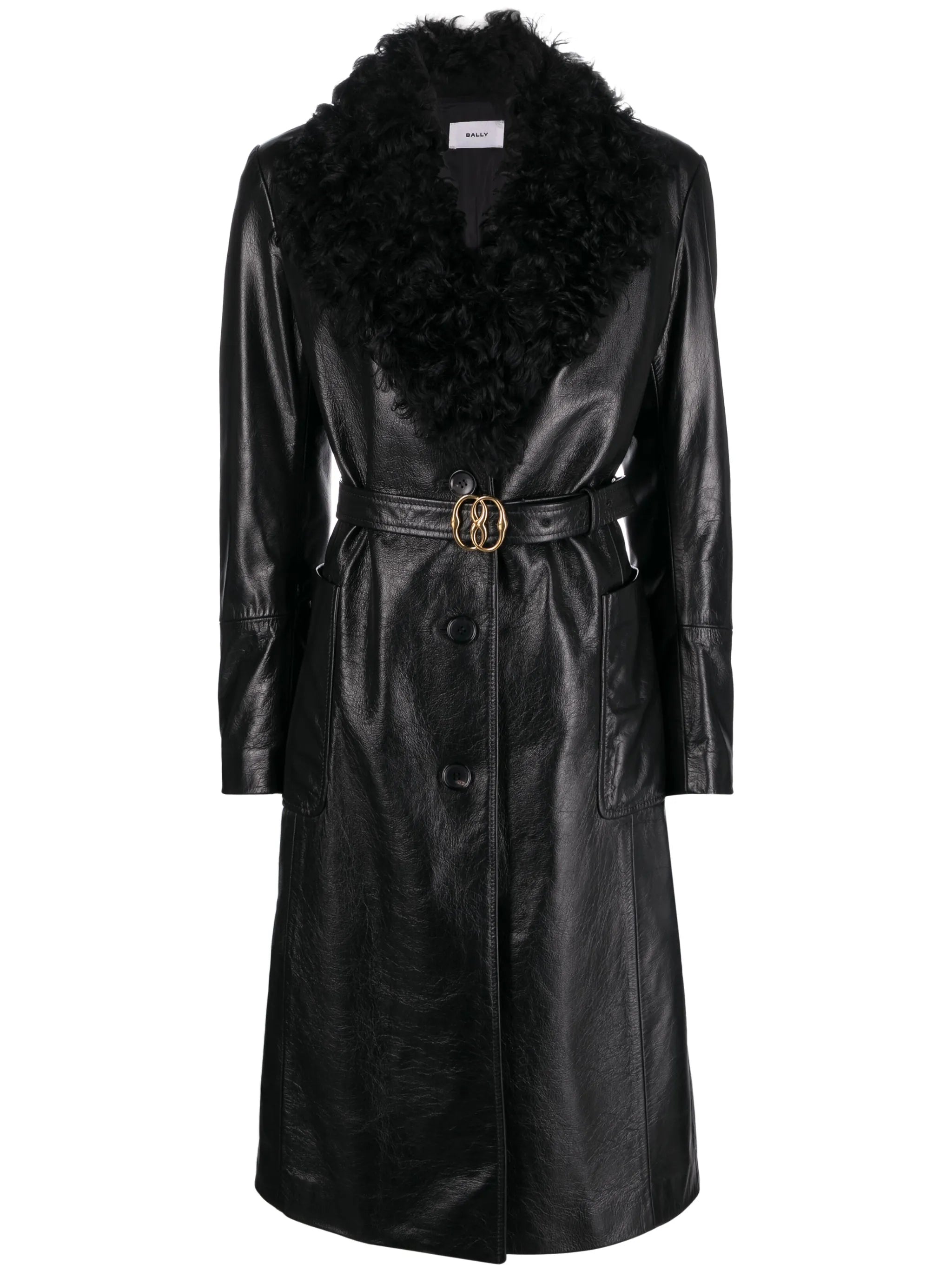 shearling-trim belted leather coat
