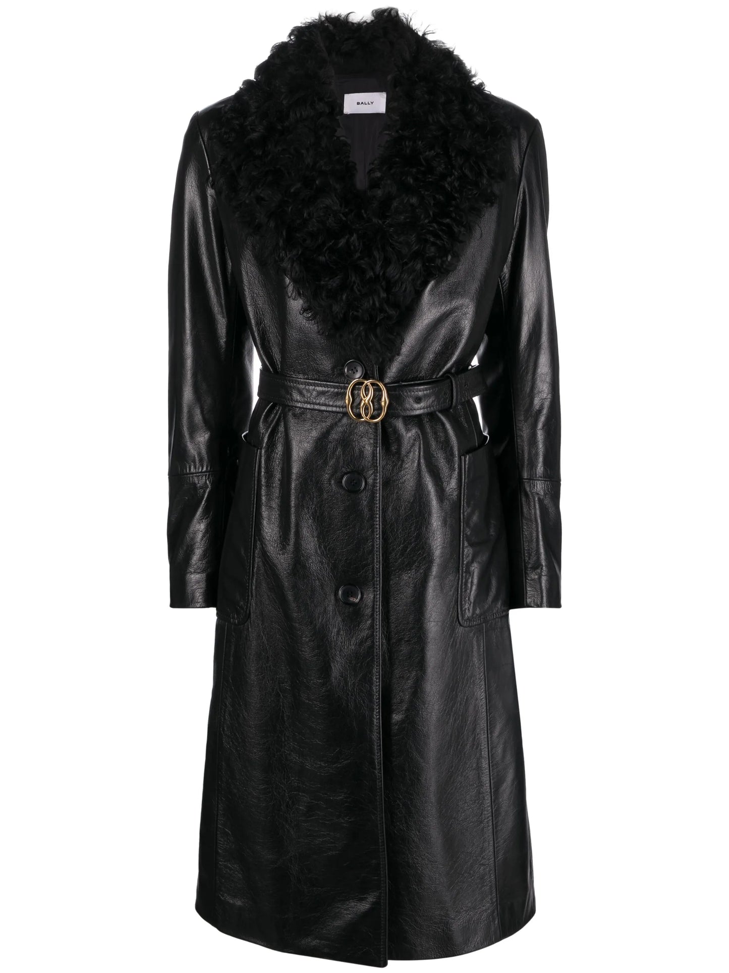shearling-trim belted leather coat