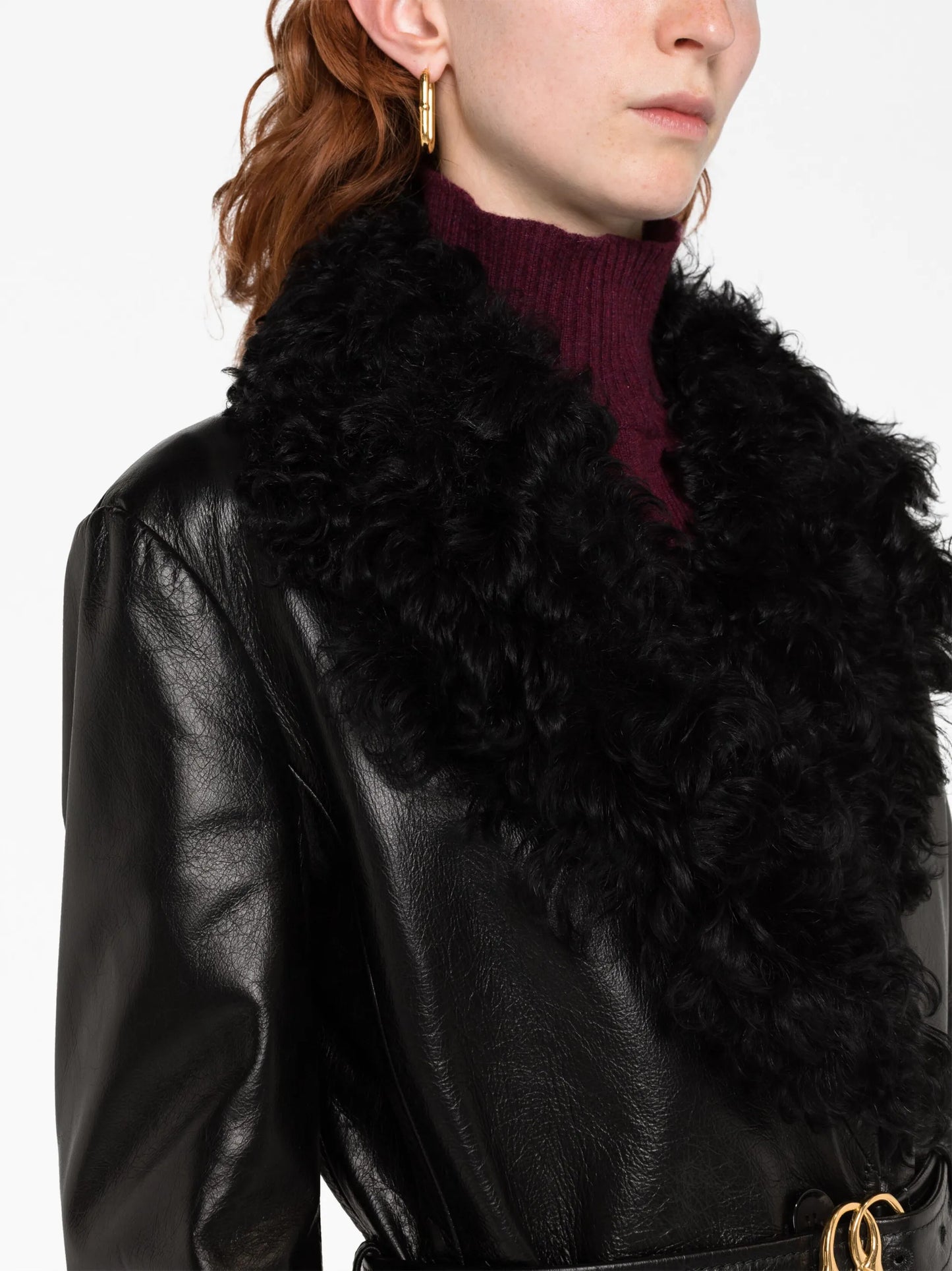 shearling-trim belted leather coat