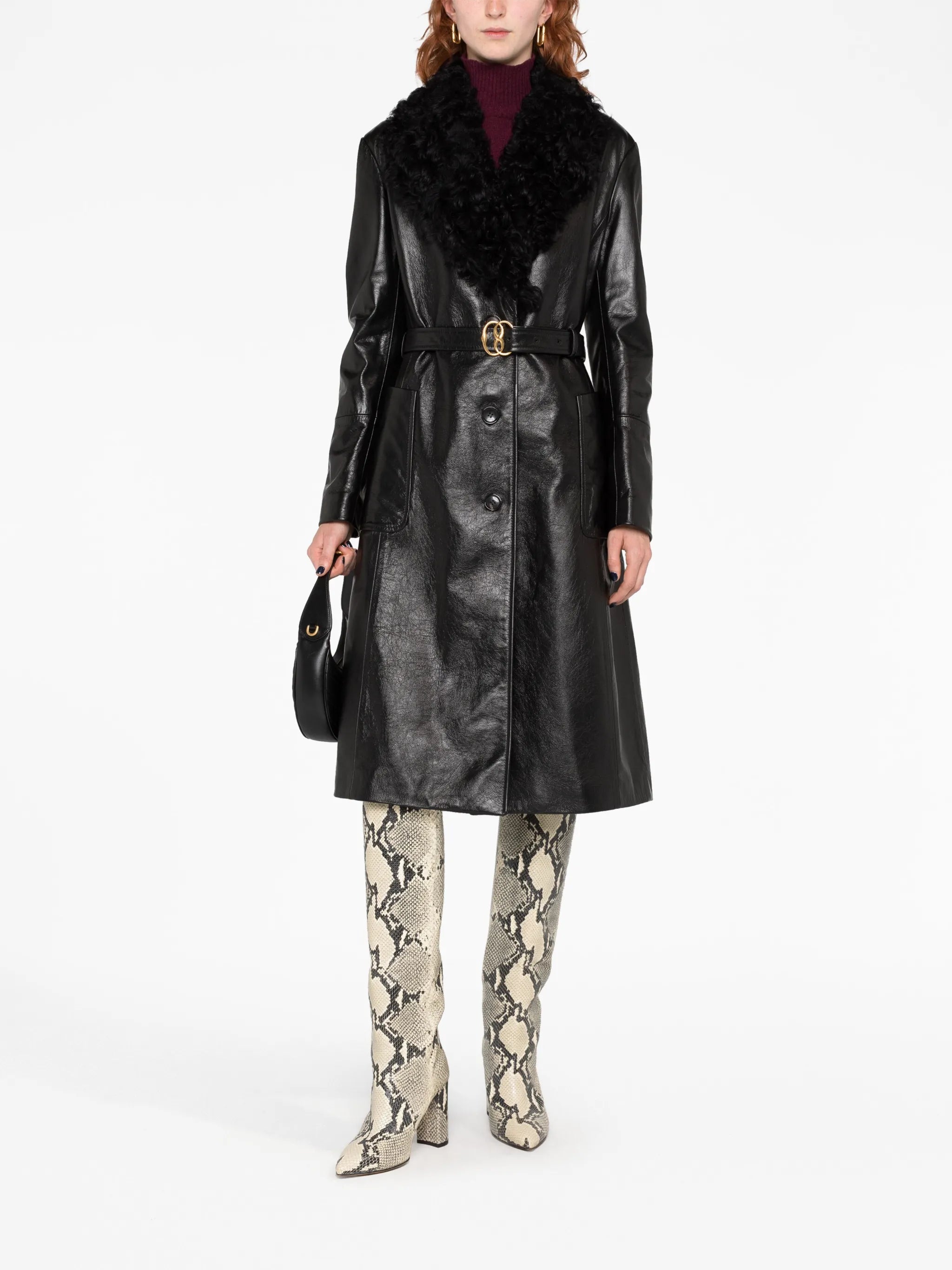 shearling-trim belted leather coat