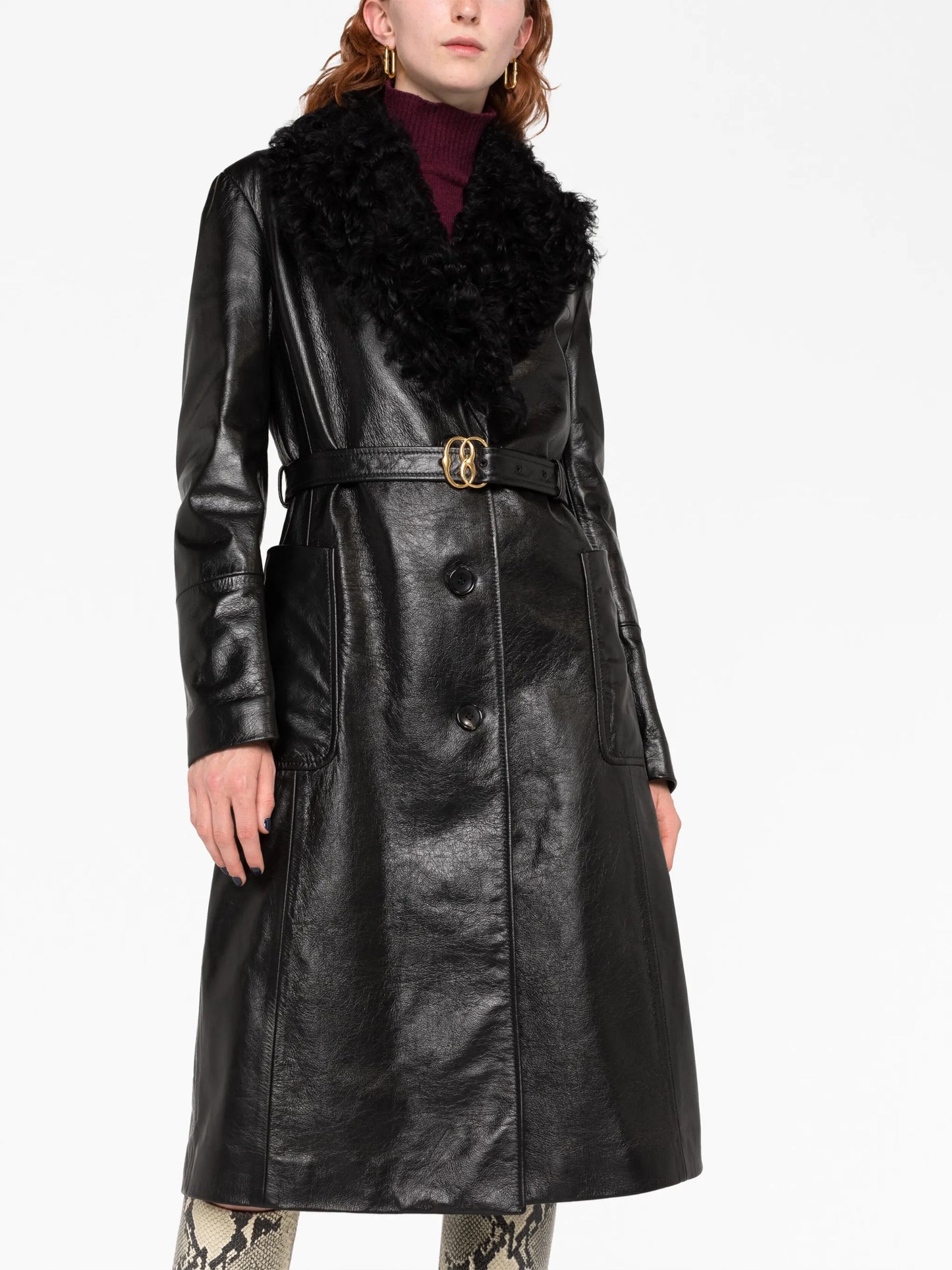 shearling-trim belted leather coat