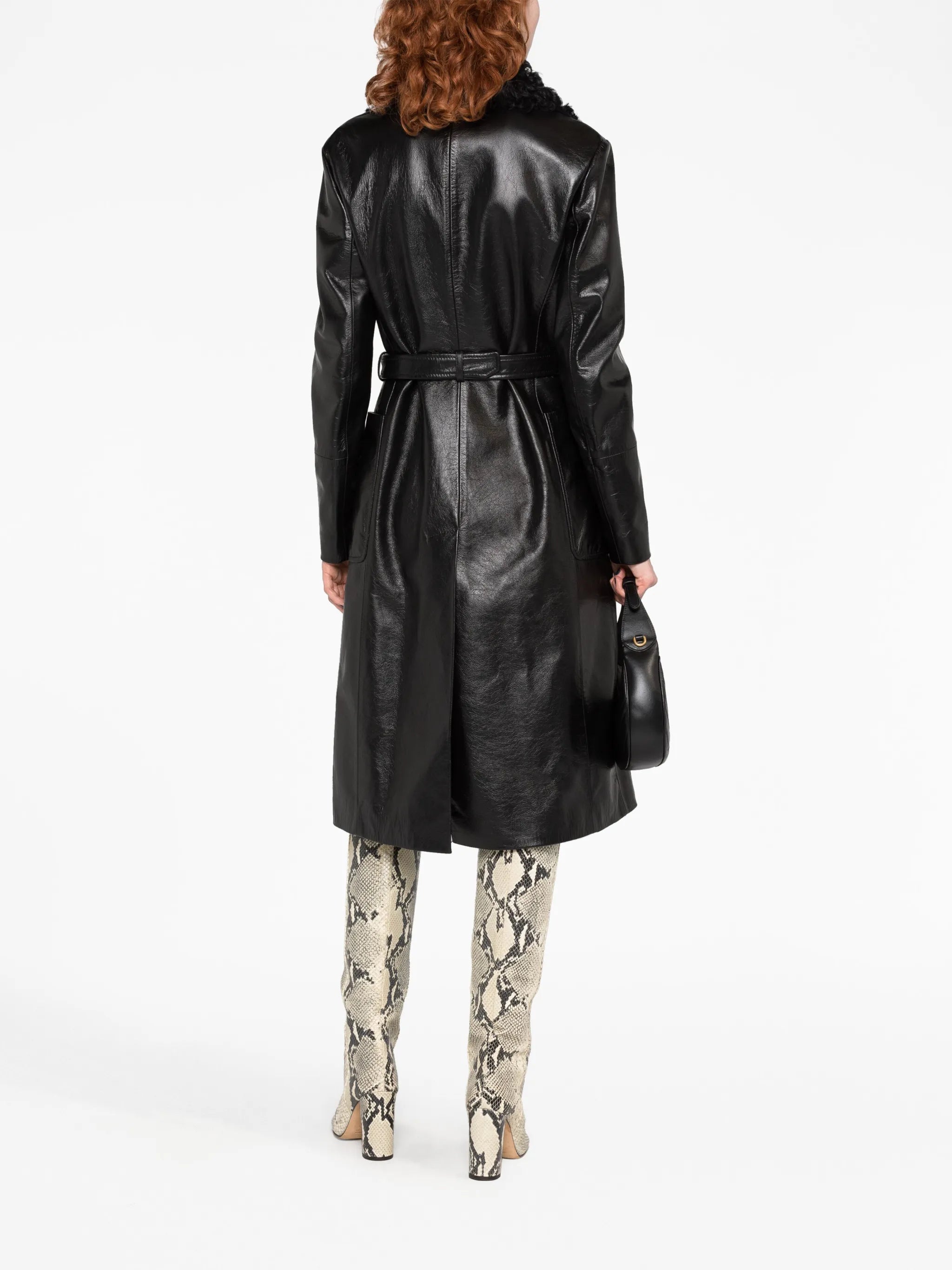 shearling-trim belted leather coat