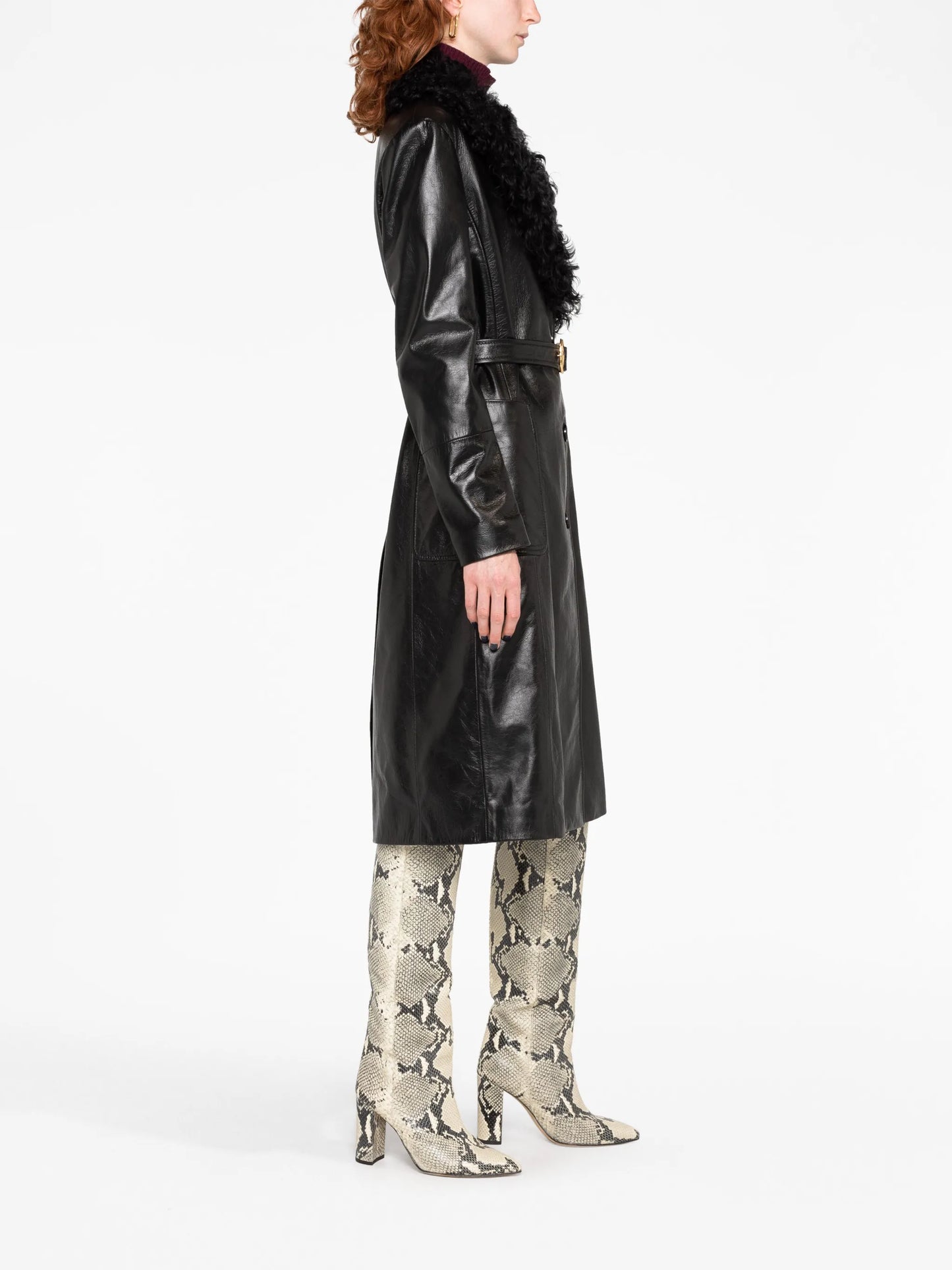 shearling-trim belted leather coat
