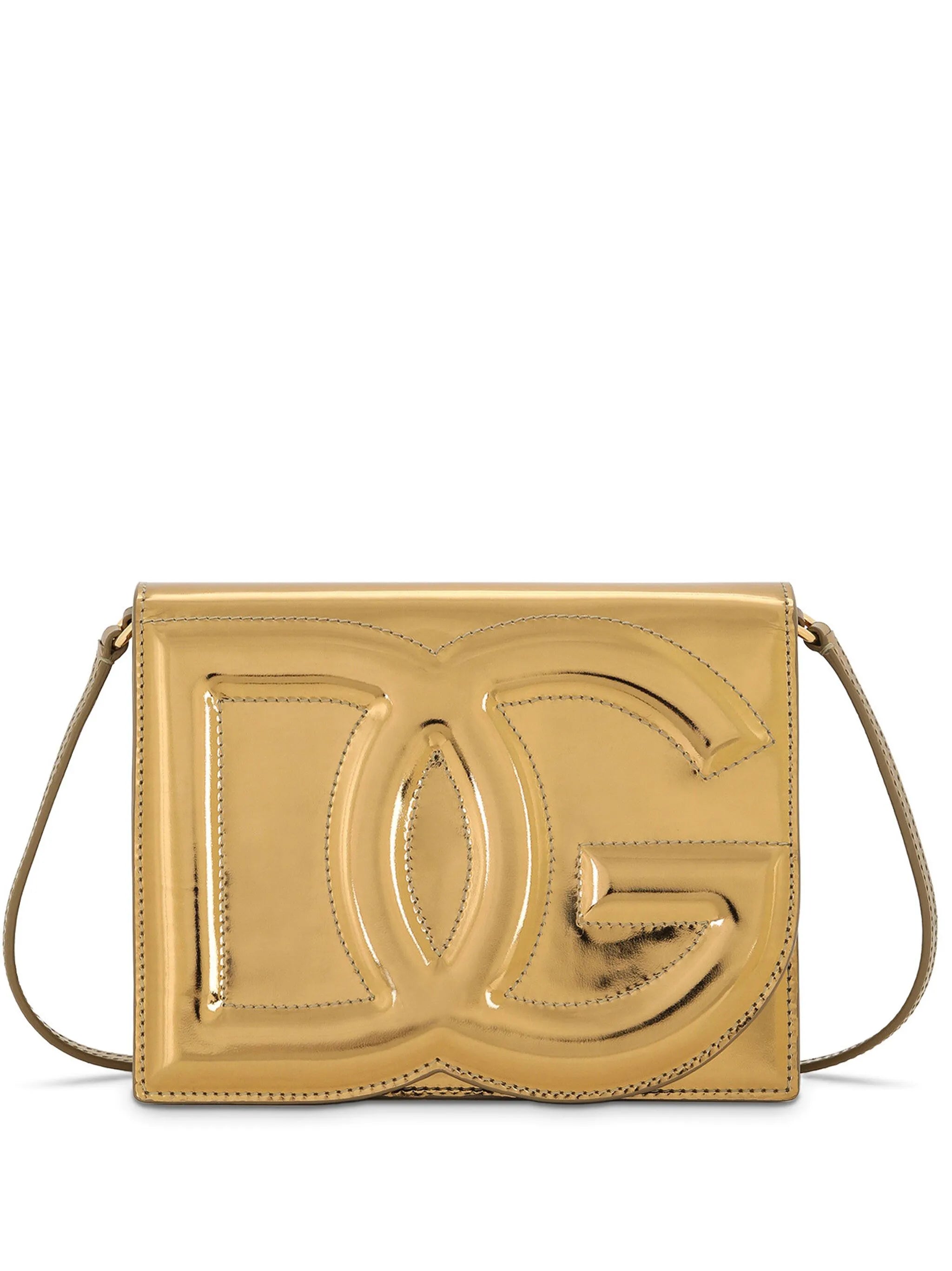 logo-embossed metallic-effect crossbody bag