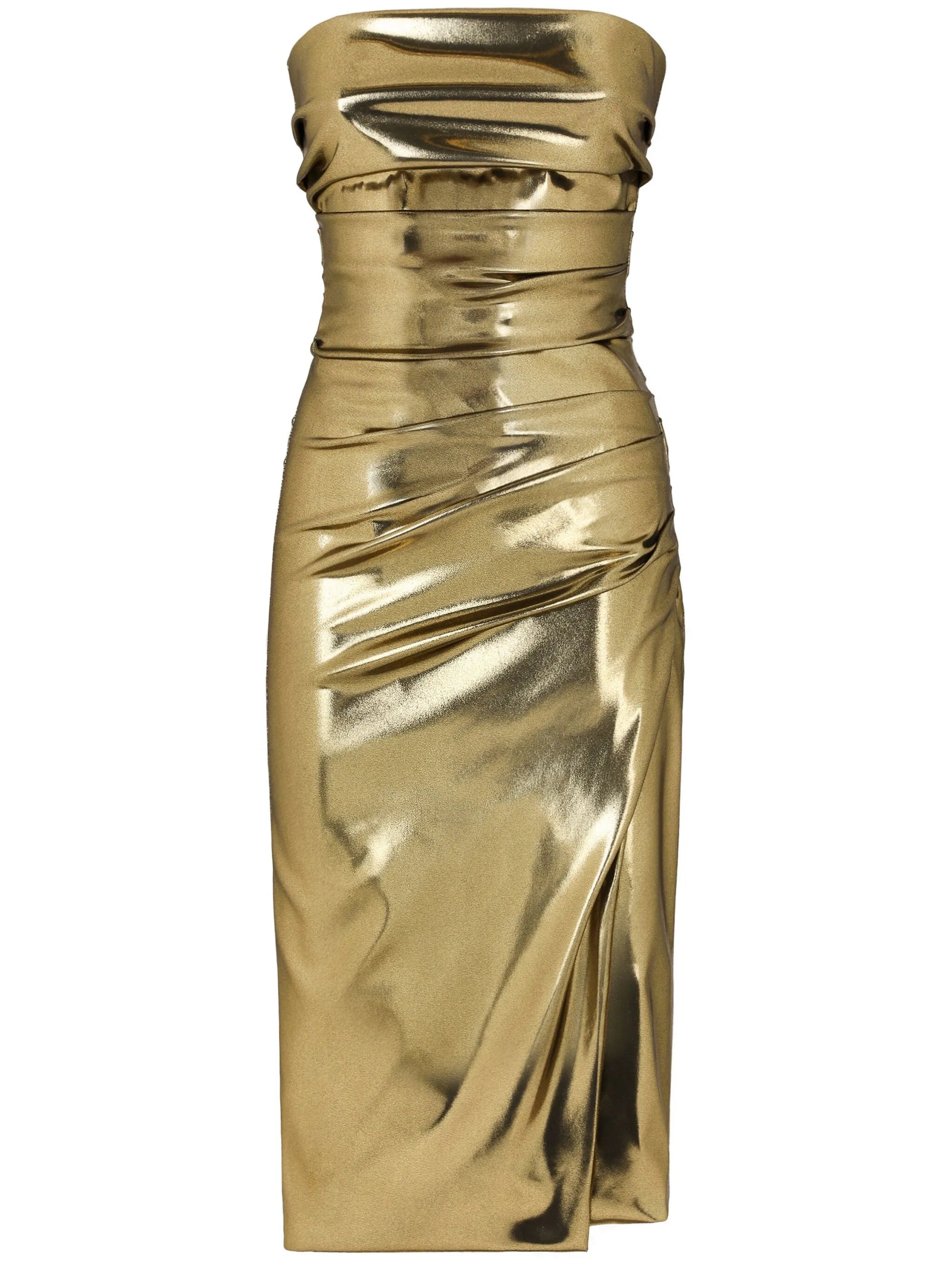 foiled strapless dress