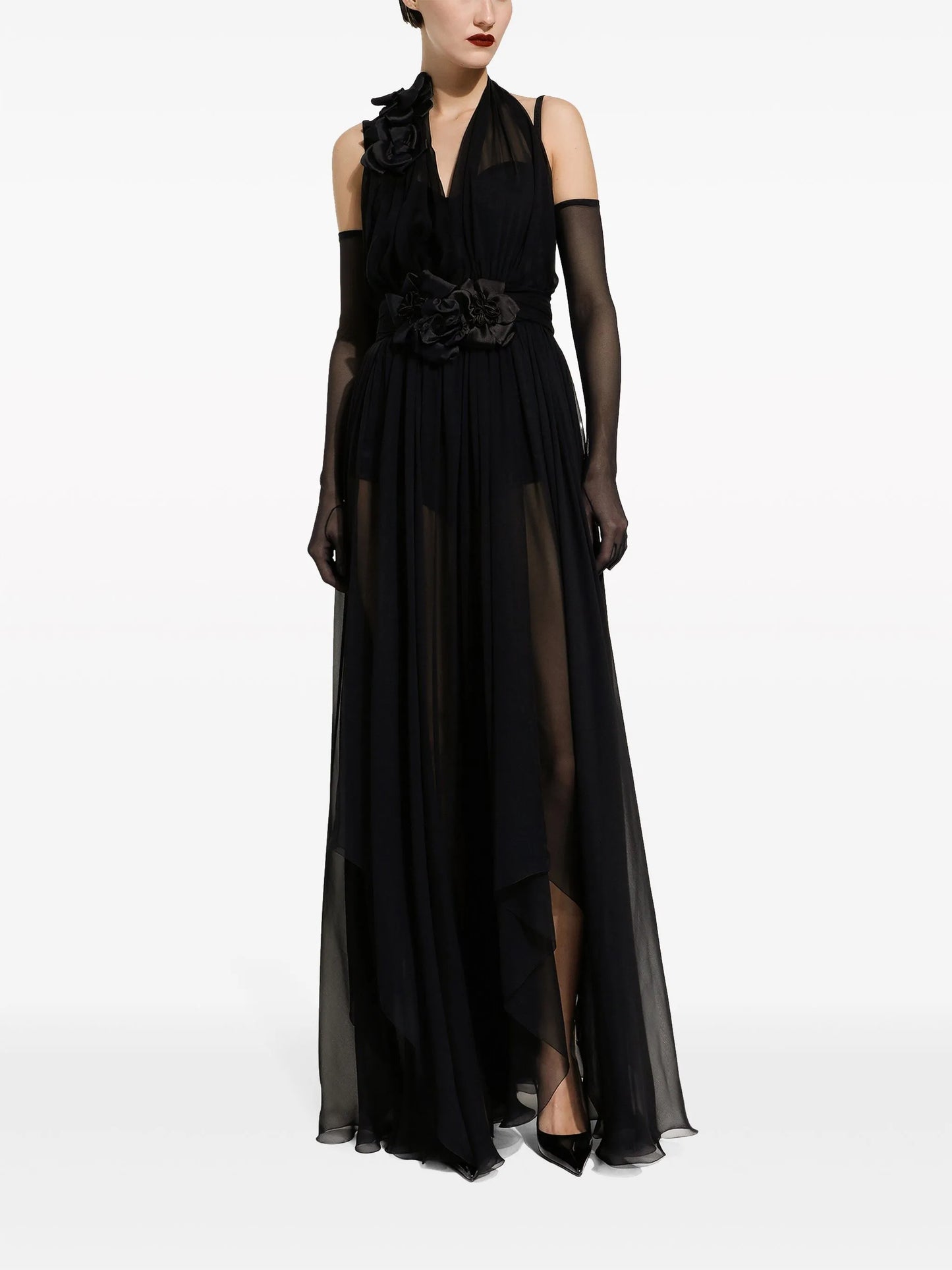floral-detail pleated silk dress