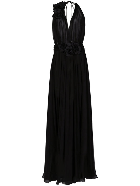 floral-detail pleated silk dress
