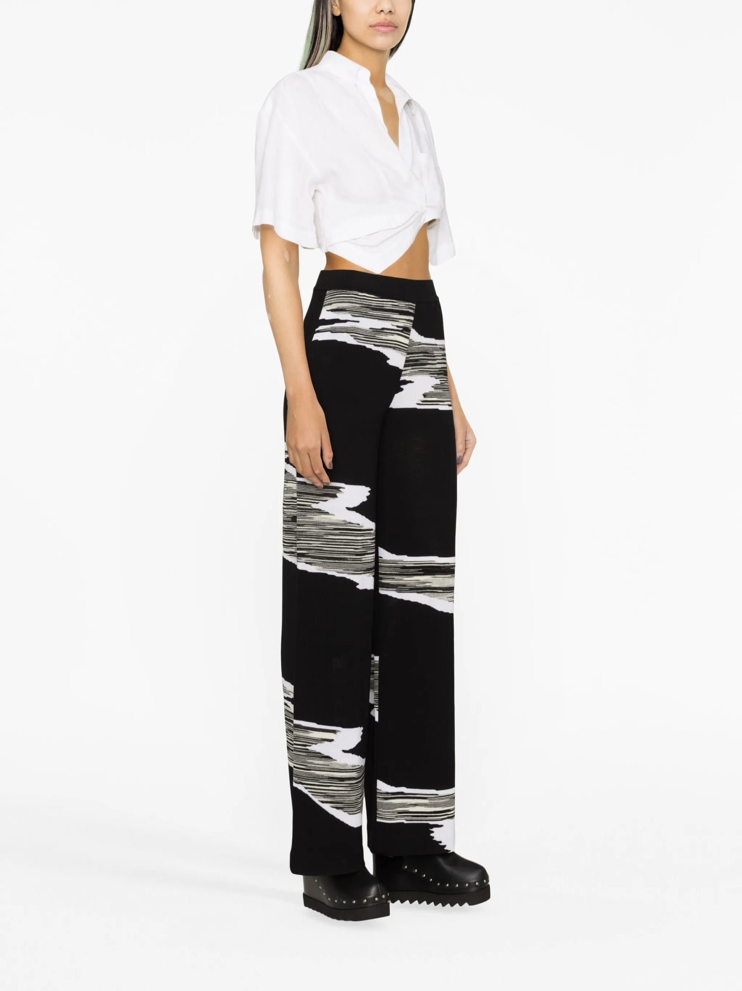 slub-print wide-leg trousers