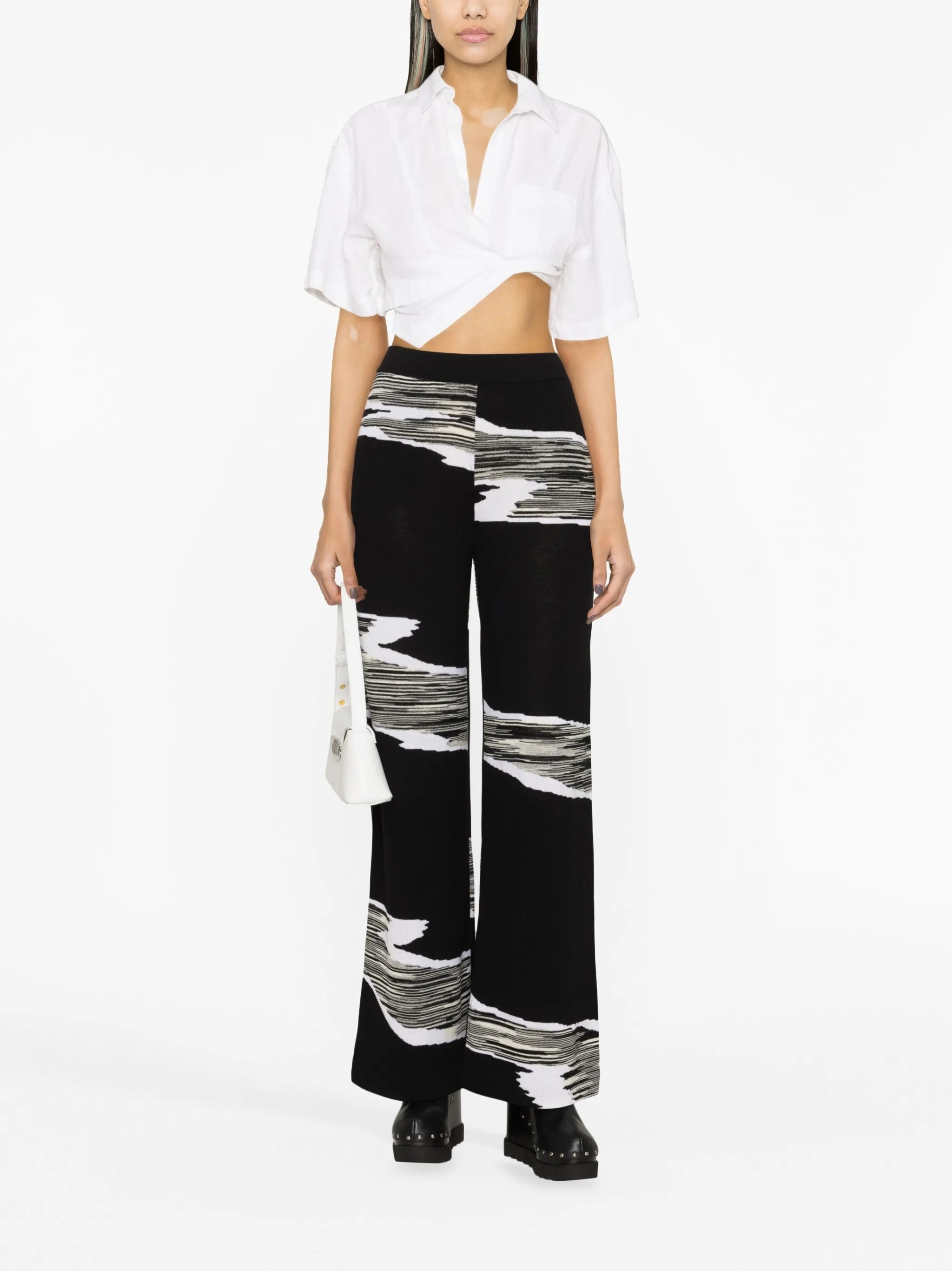 slub-print wide-leg trousers