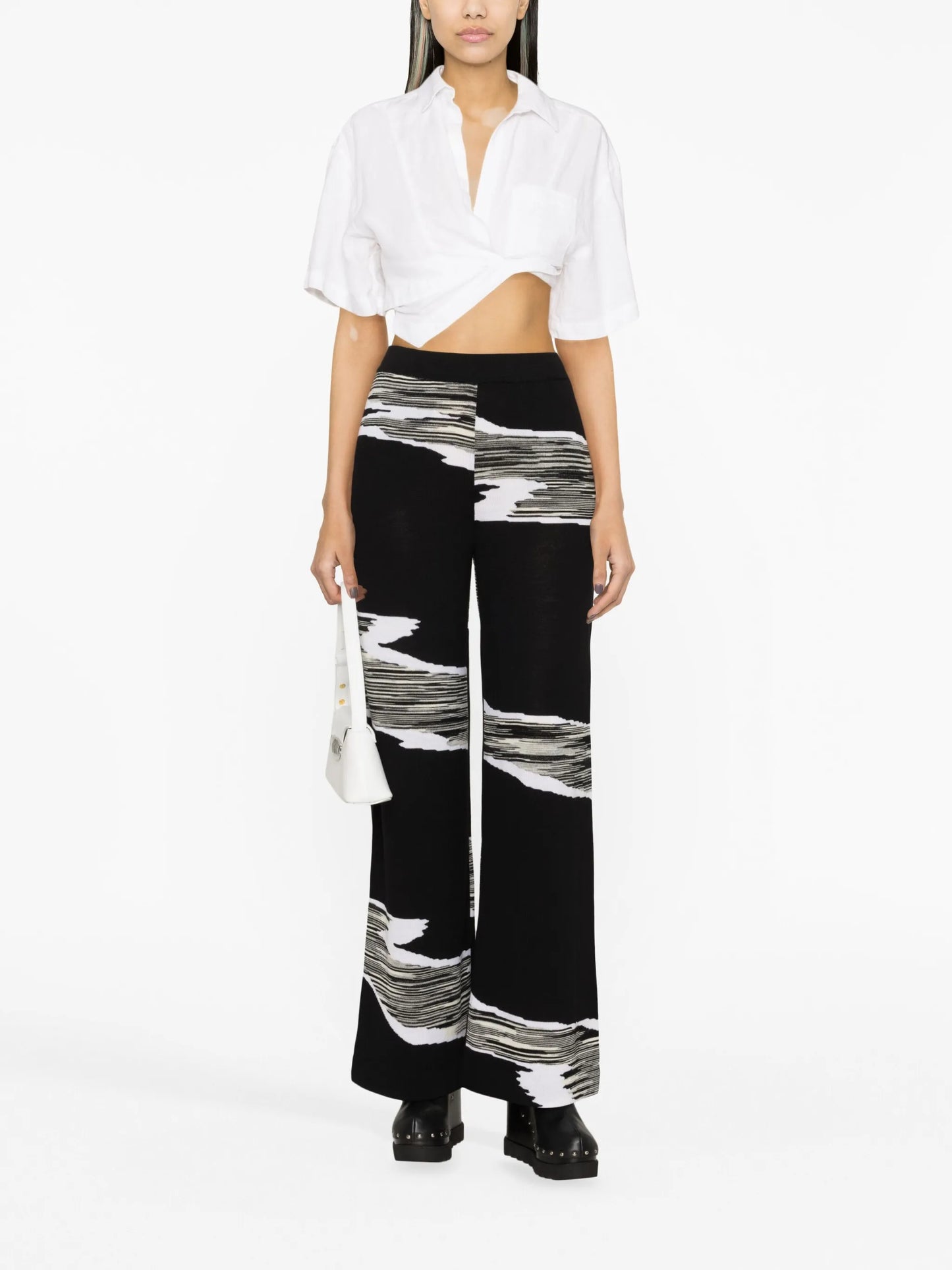 slub-print wide-leg trousers