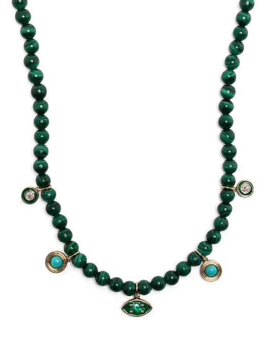 14kt yellow gold malachite and diamond beaded necklace