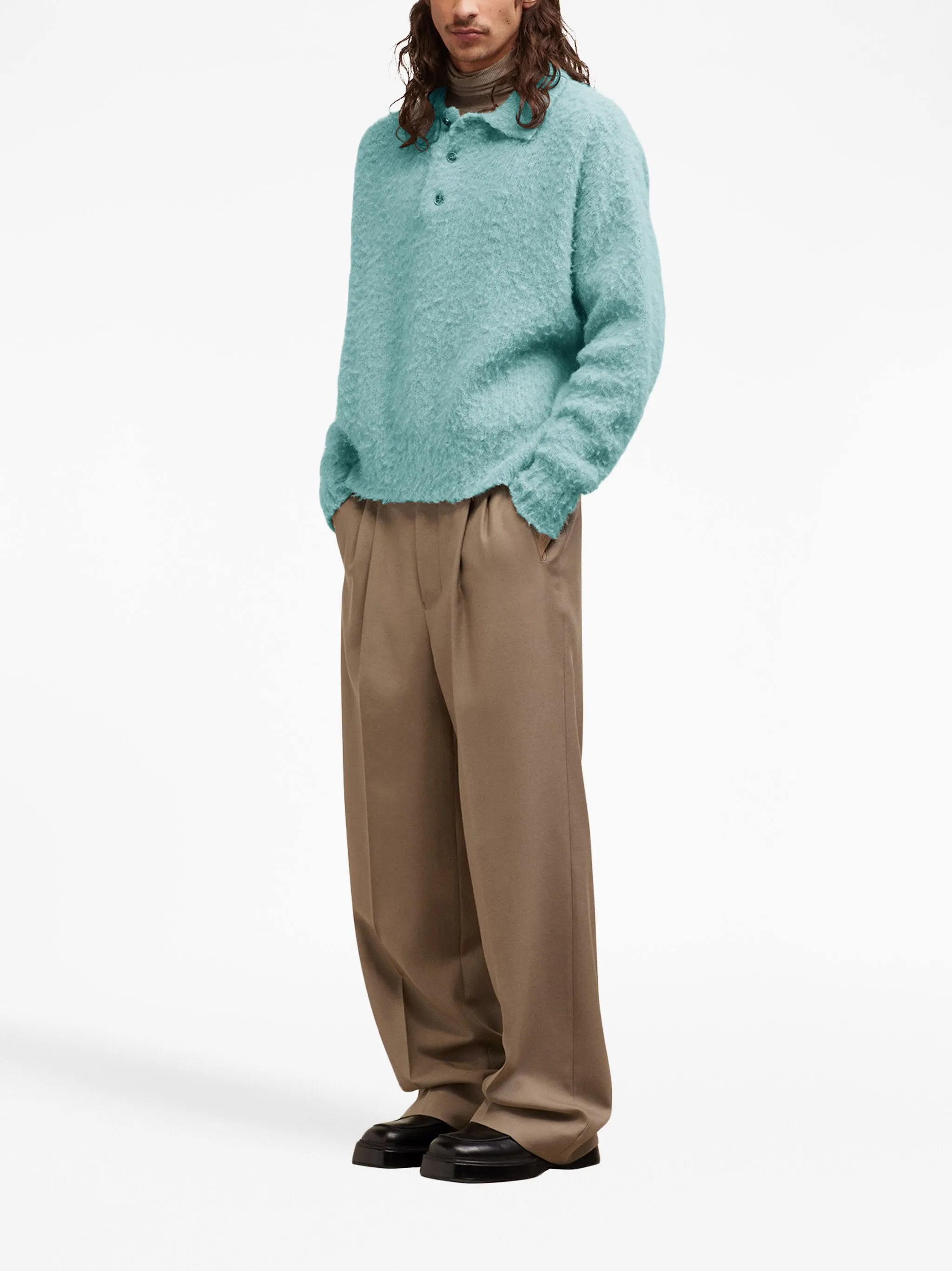 long-sleeve textured polo shirt