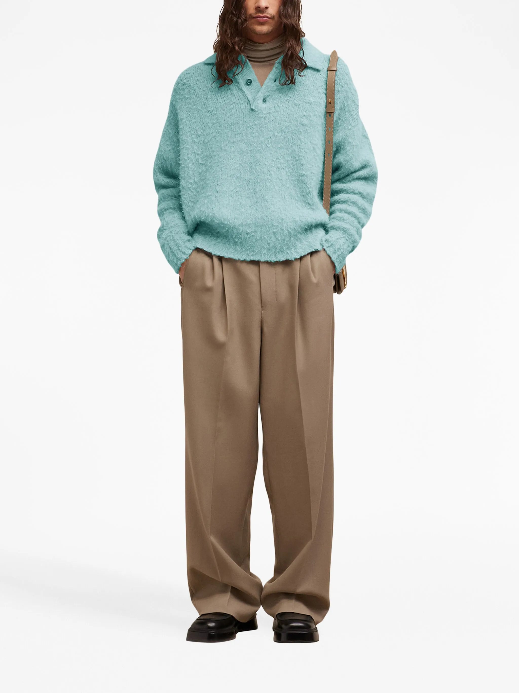 long-sleeve textured polo shirt