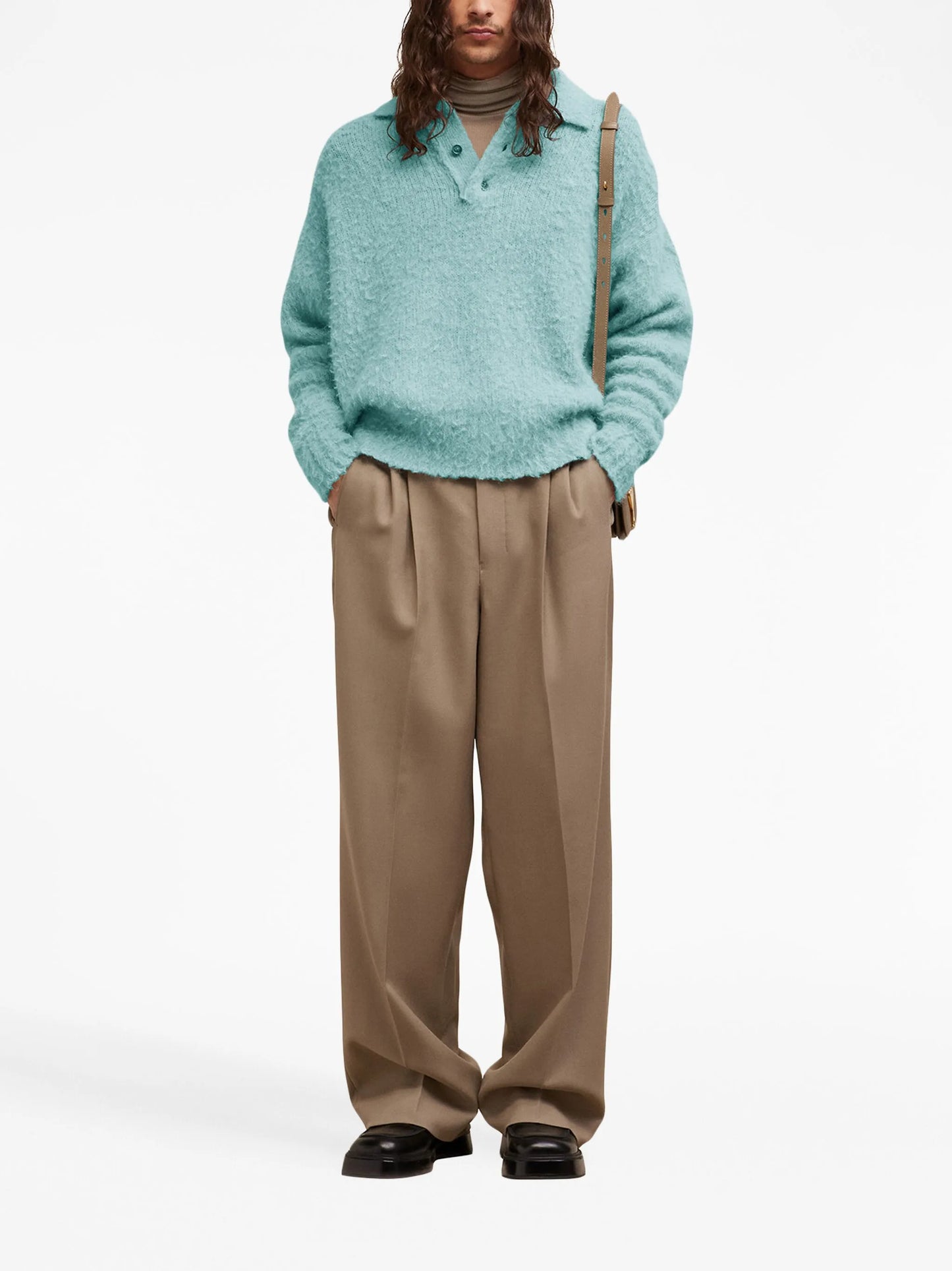 long-sleeve textured polo shirt