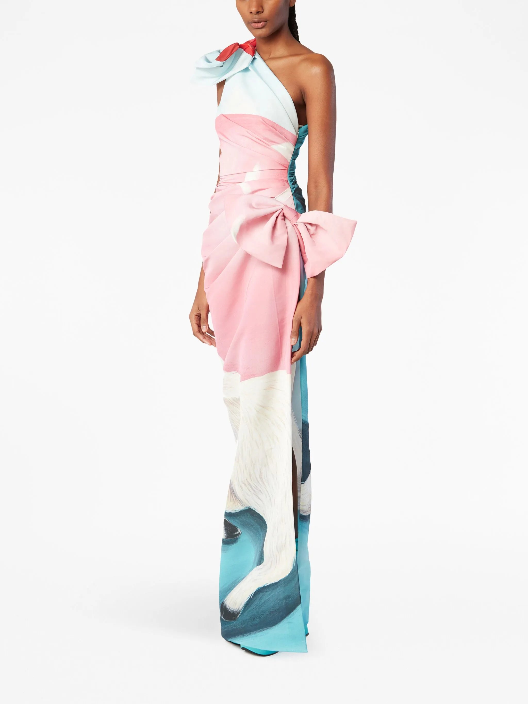 oversized-bow one-shoulder gown